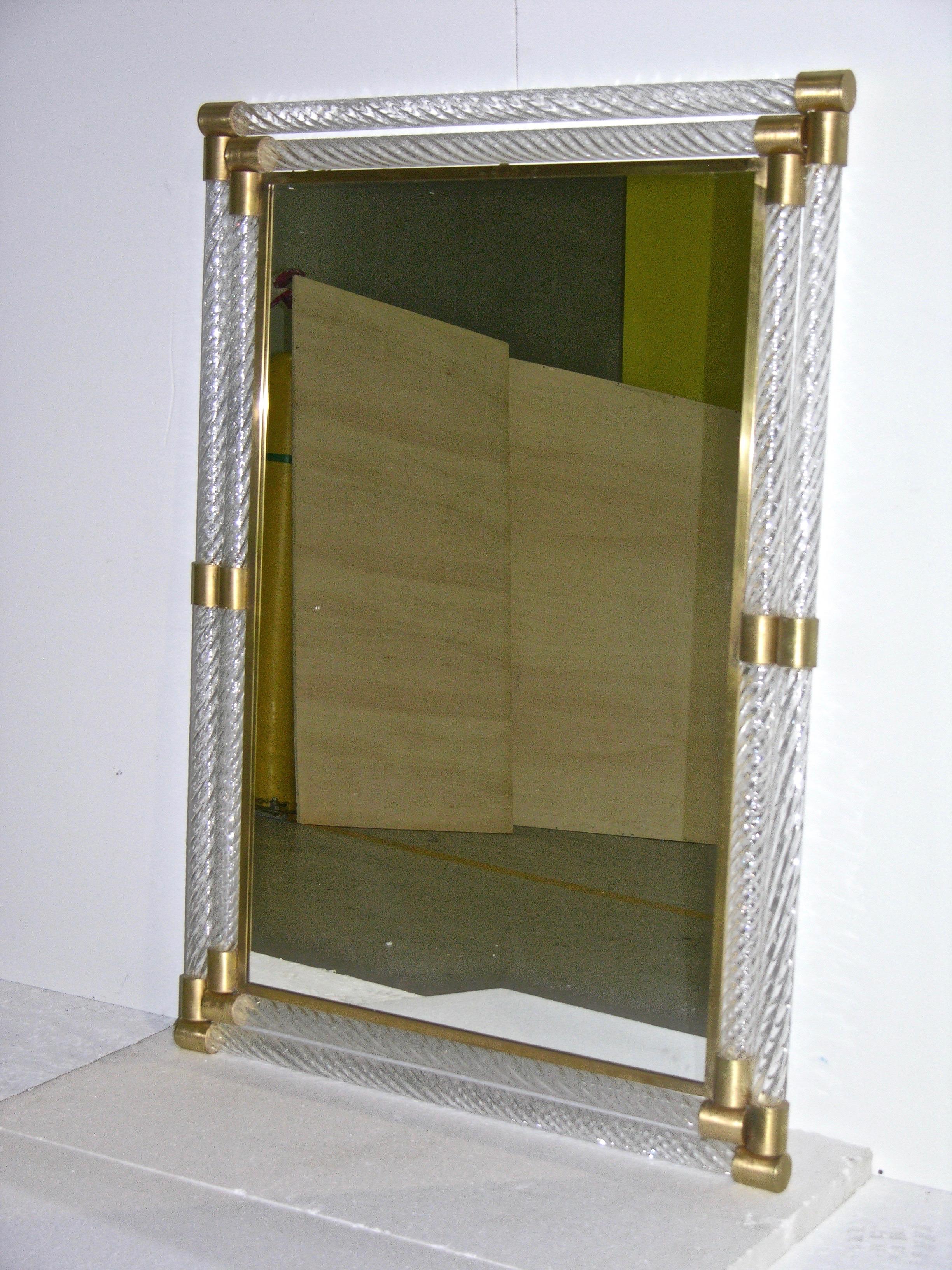 Contemporary Italian Double Frame Twisted Crystal Murano Glass Mirror with Gold Brass Accents For Sale