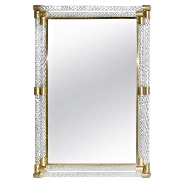 Italian Double Frame Twisted Crystal Murano Glass Mirror with Gold Brass Accents For Sale
