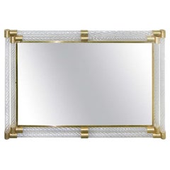 Italian Double Frame Twisted Crystal Murano Glass Mirror with Gold Brass Accents