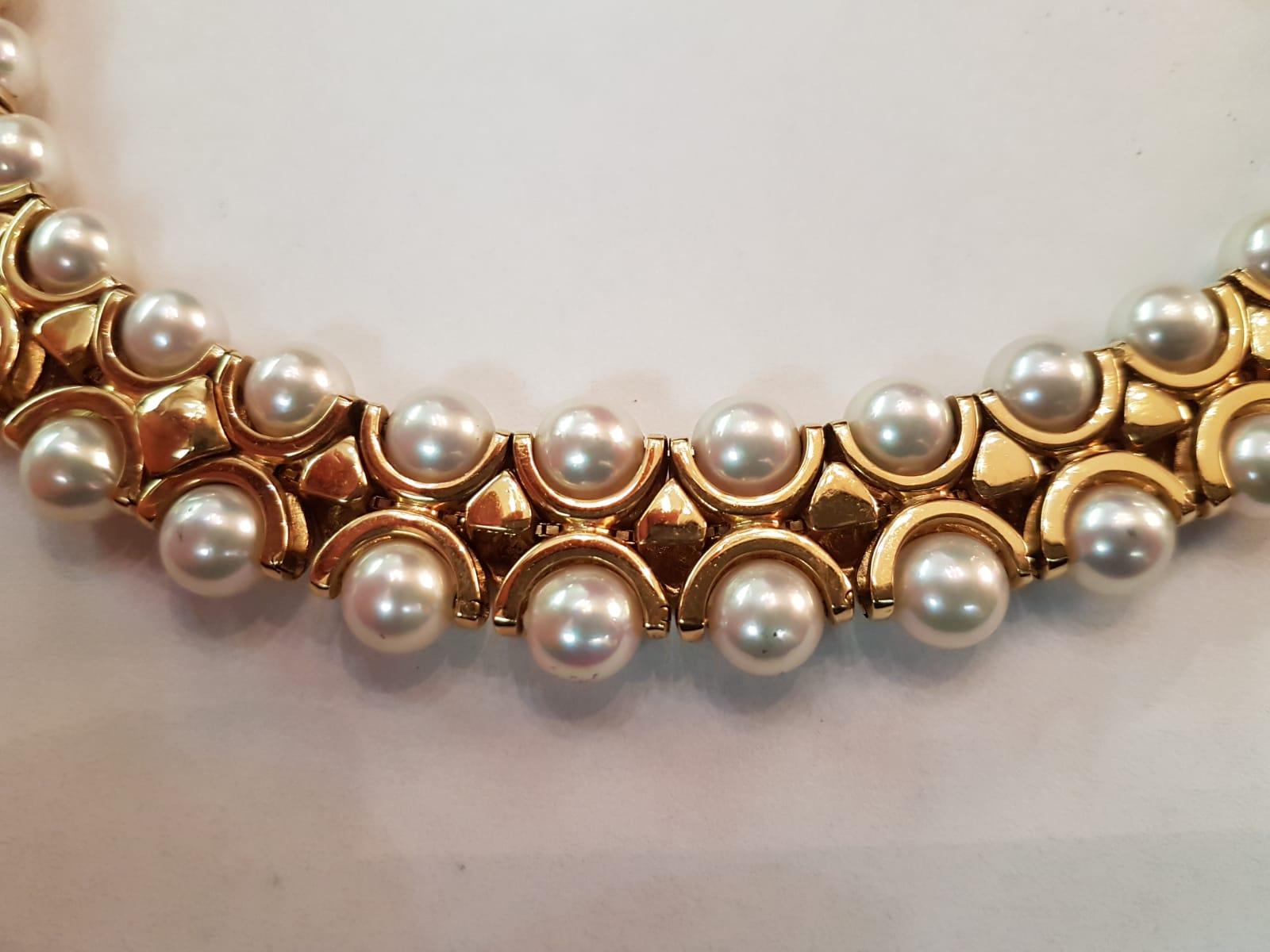 Modern Italian Double Row Oriental Pearl 18 Karat Yellow Gold Choker Necklace For Sale