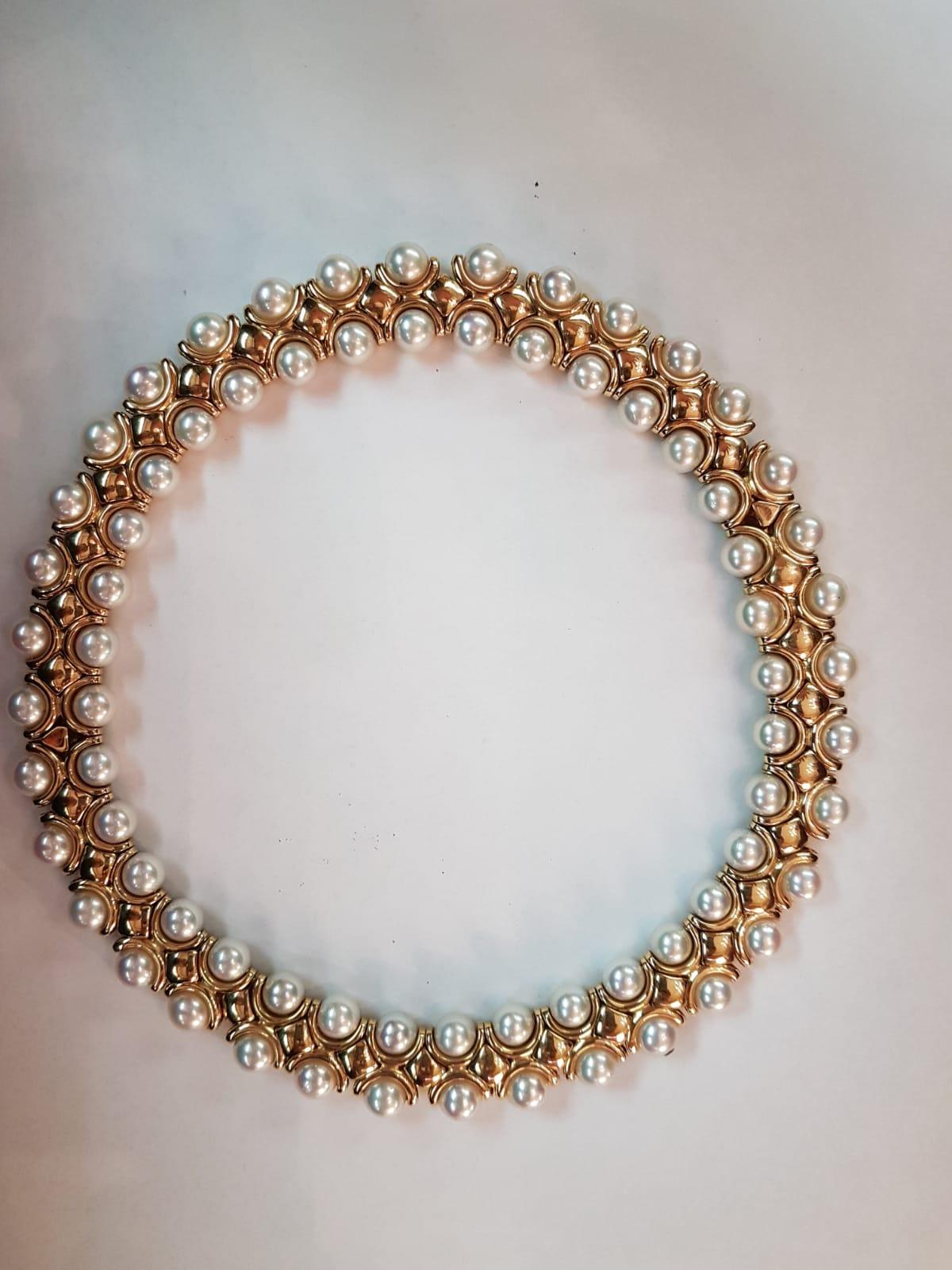 Women's Italian Double Row Oriental Pearl 18 Karat Yellow Gold Choker Necklace For Sale
