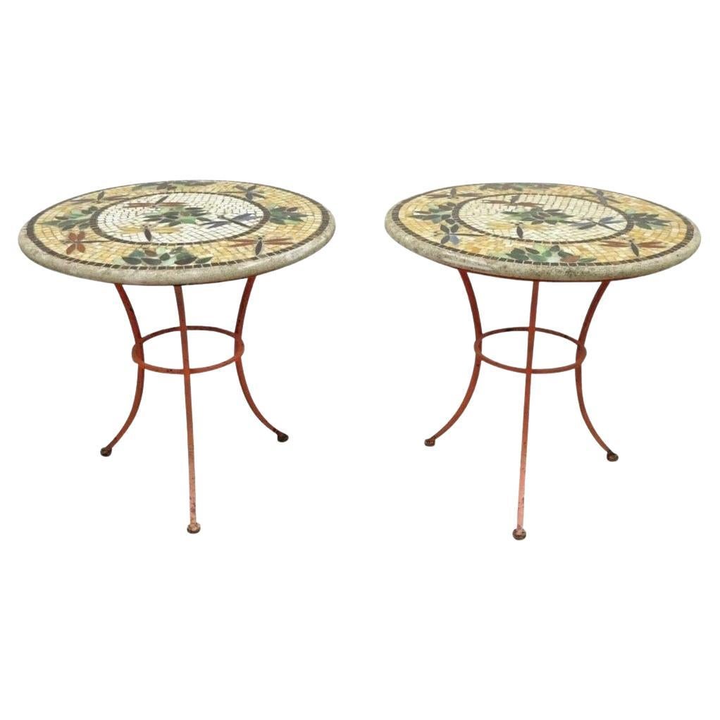 Italian Dragonfly Mosaic Tile Round Stone Top Iron Patio Side Tables - Pair For Sale