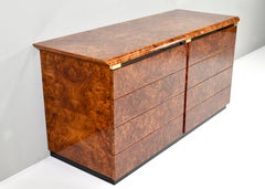 Italian Drawer Credenza in High Gloss Burl and Brass, Italy - 1970's