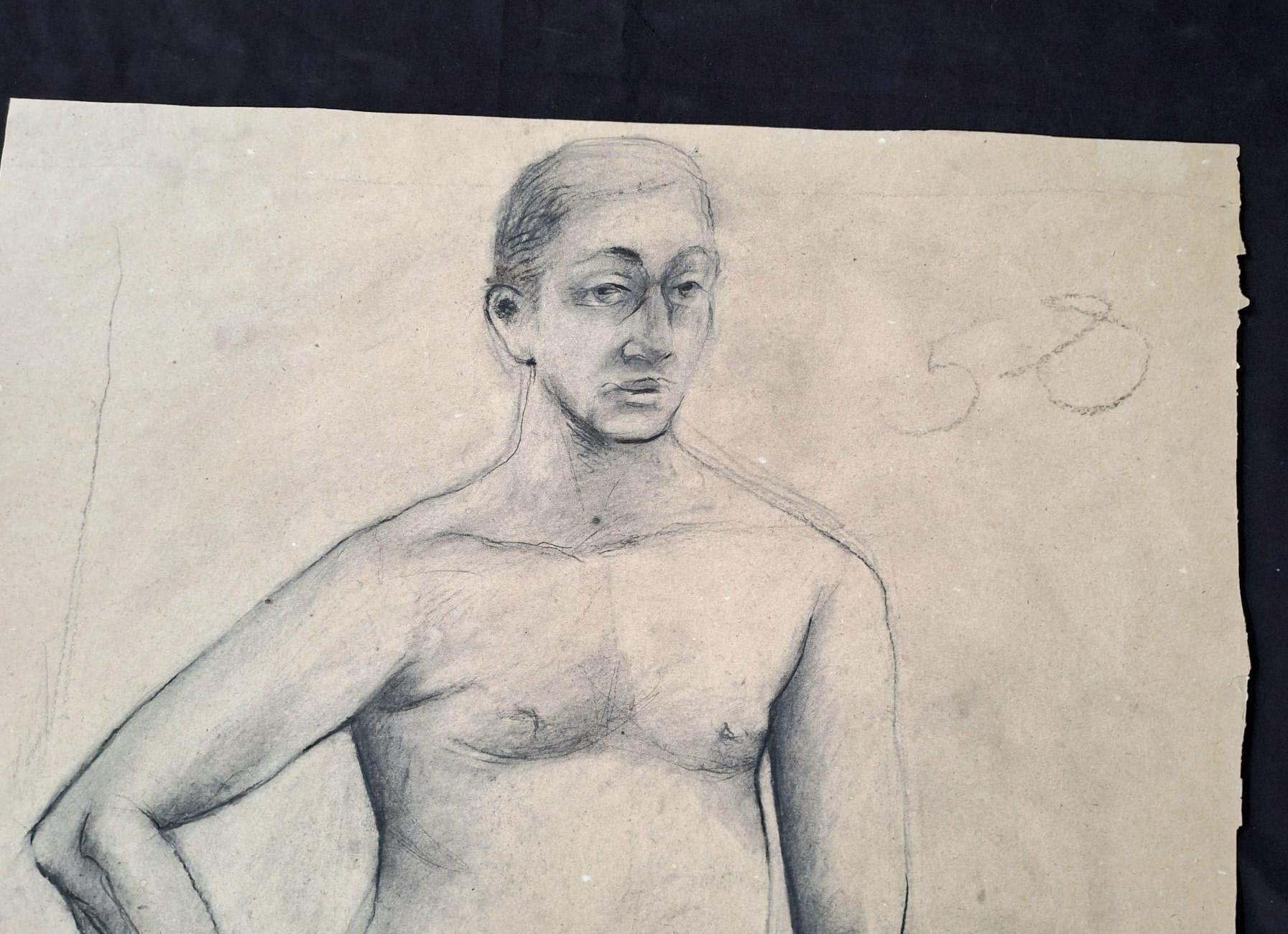 Mid-Century Modern Italian Drawing: Nude Man, Pencil and Charcoal. For Sale