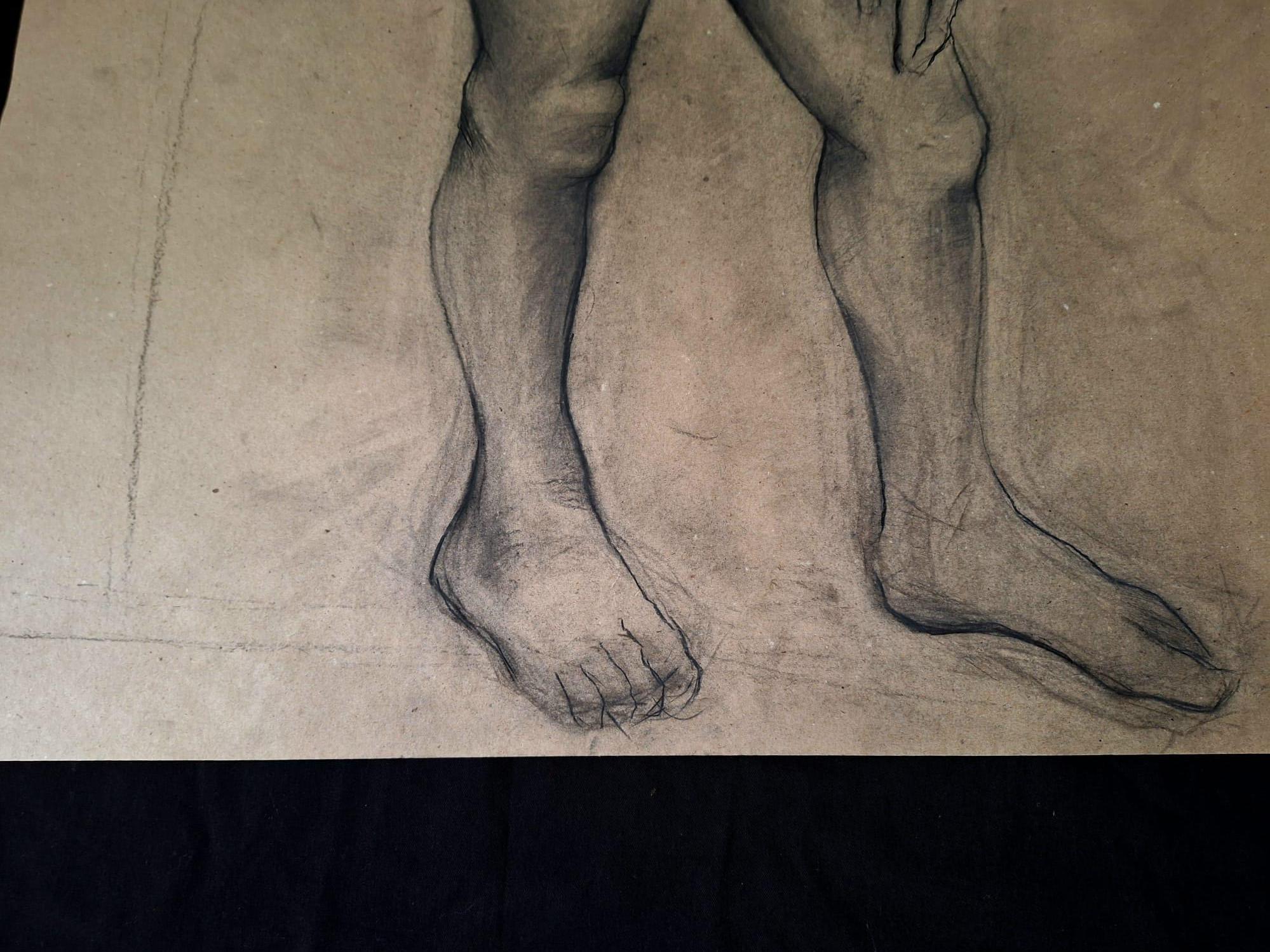 Italian Drawing: Nude Man, Pencil and Charcoal. In Good Condition For Sale In Los Angeles, CA