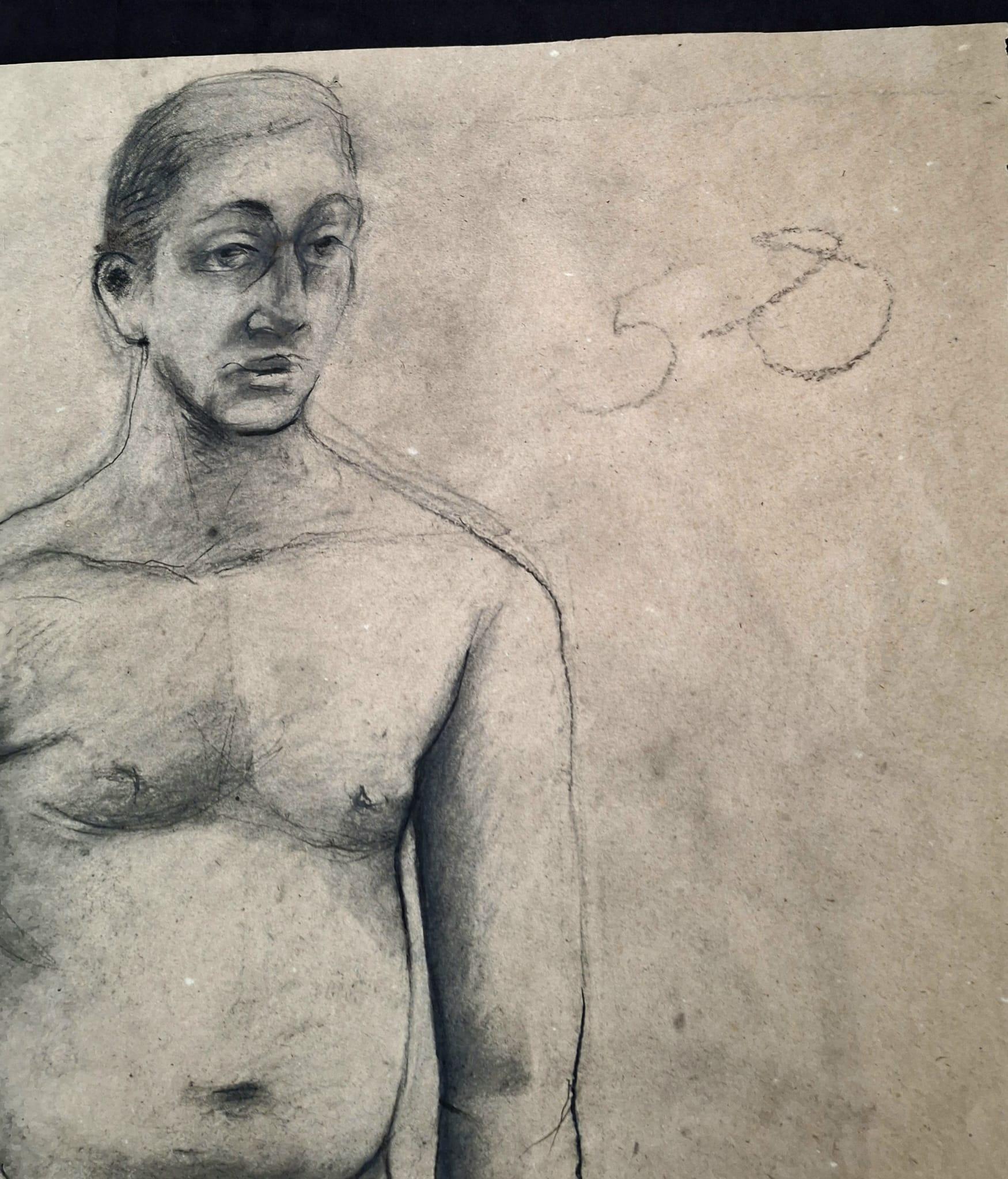 Mid-20th Century Italian Drawing: Nude Man, Pencil and Charcoal. For Sale