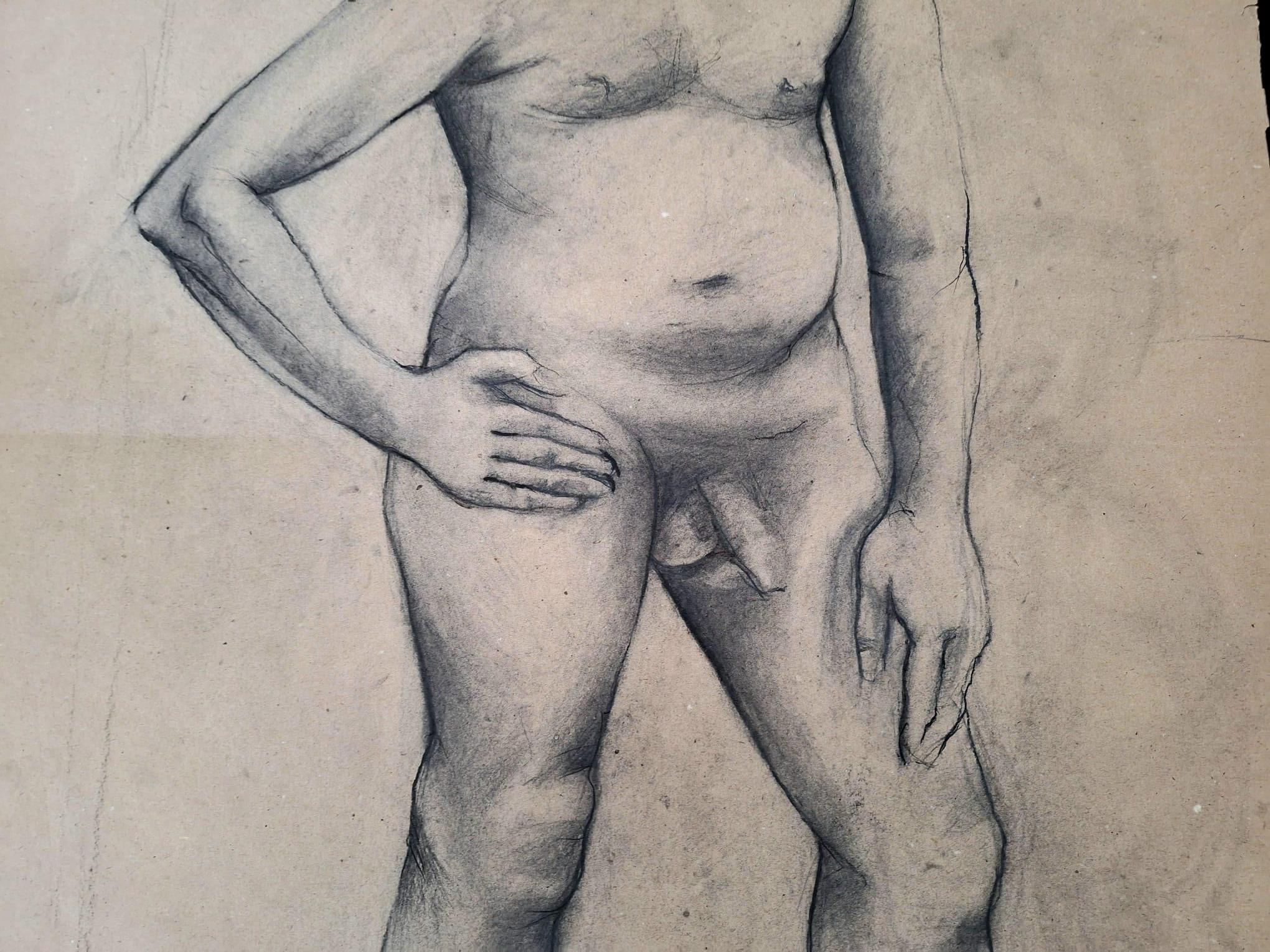 Paper Italian Drawing: Nude Man, Pencil and Charcoal. For Sale