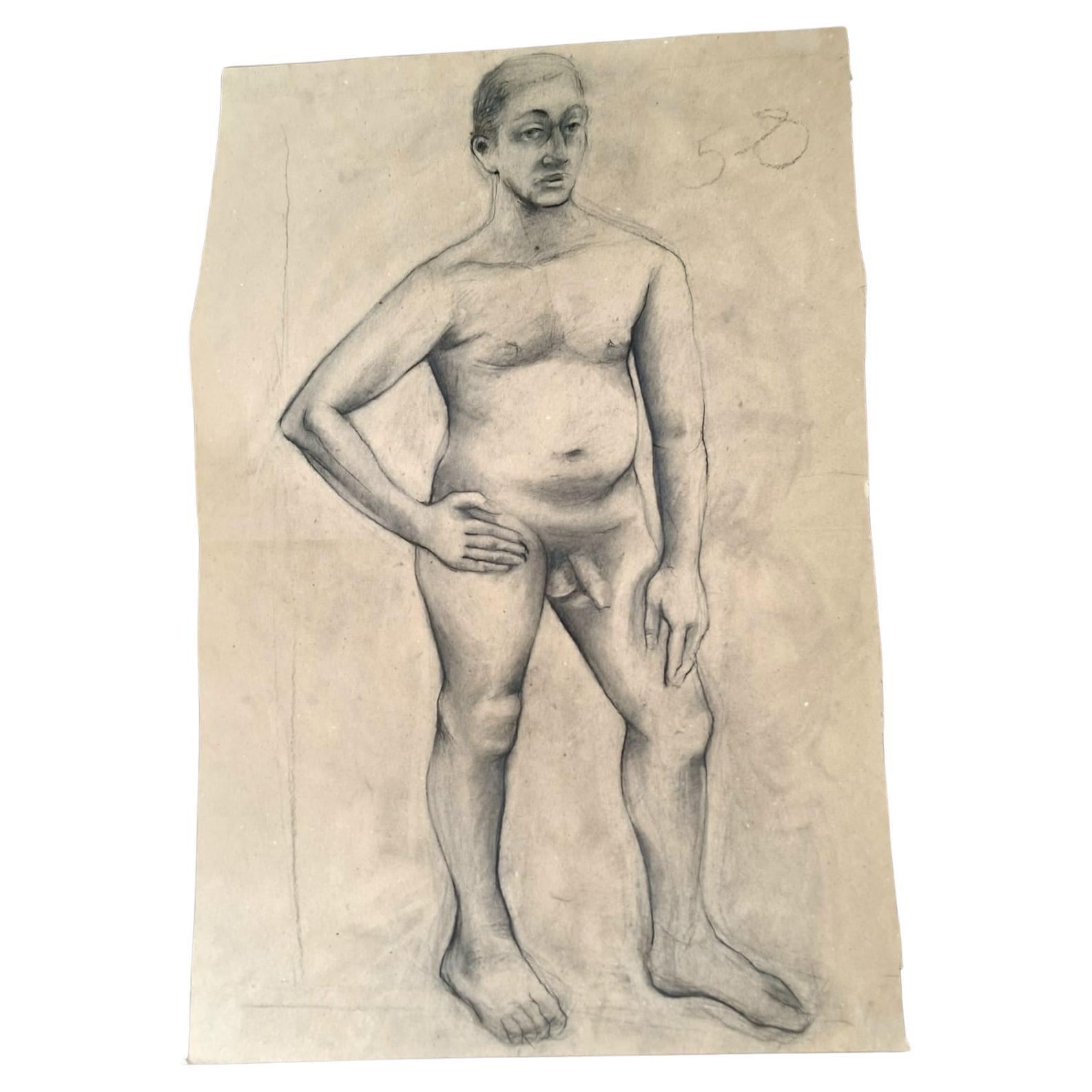 Italian Drawing: Nude Man, Pencil and Charcoal.