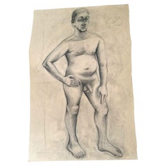 Dessin italien : Homme nu, crayon et fusain.