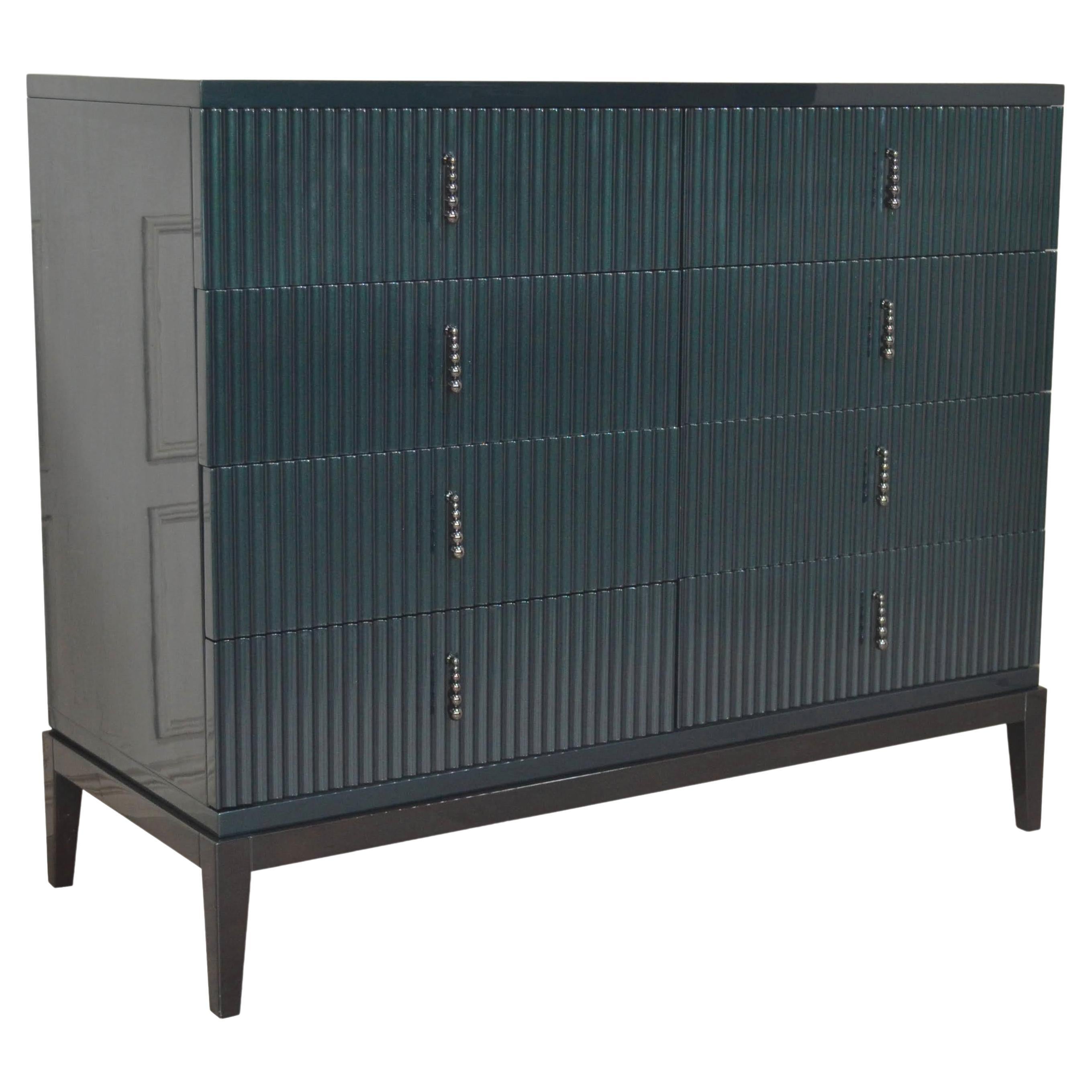 Italian Dresser in Glossy Green Smarald Lacquered Wood with Upholstered Drawers For Sale