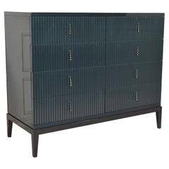 Italian Dresser in Glossy Green Smarald Lacquered Wood with Upholstered Drawers