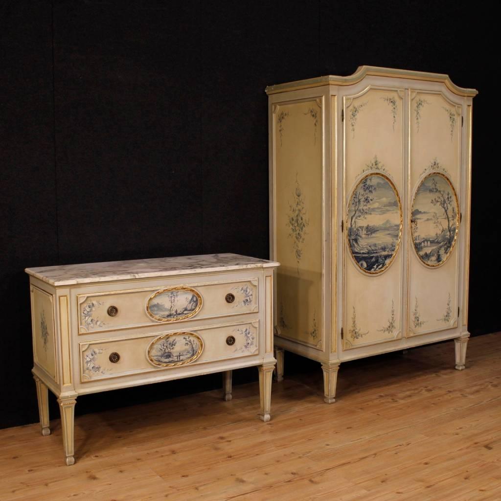 Italian chest of drawers from 20th century. Louis XVI style furniture in richly carved, lacquered, gilded and hand-painted wood with floral decorations and landscapes. Dresser with two drawers of good capacity, top in original marble in perfect