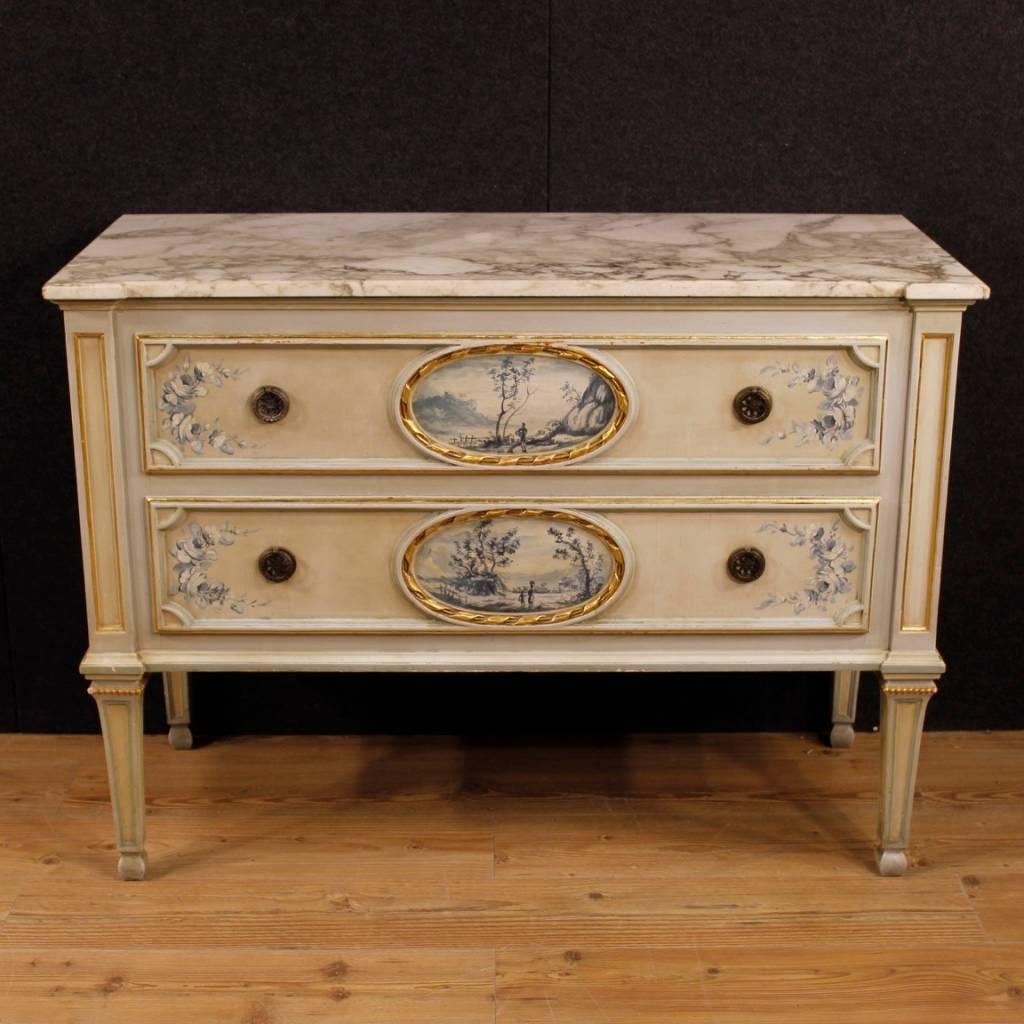 Gilt Italian Dresser in Lacquered, Painted Wood with Marble Top in Louis XVI Style