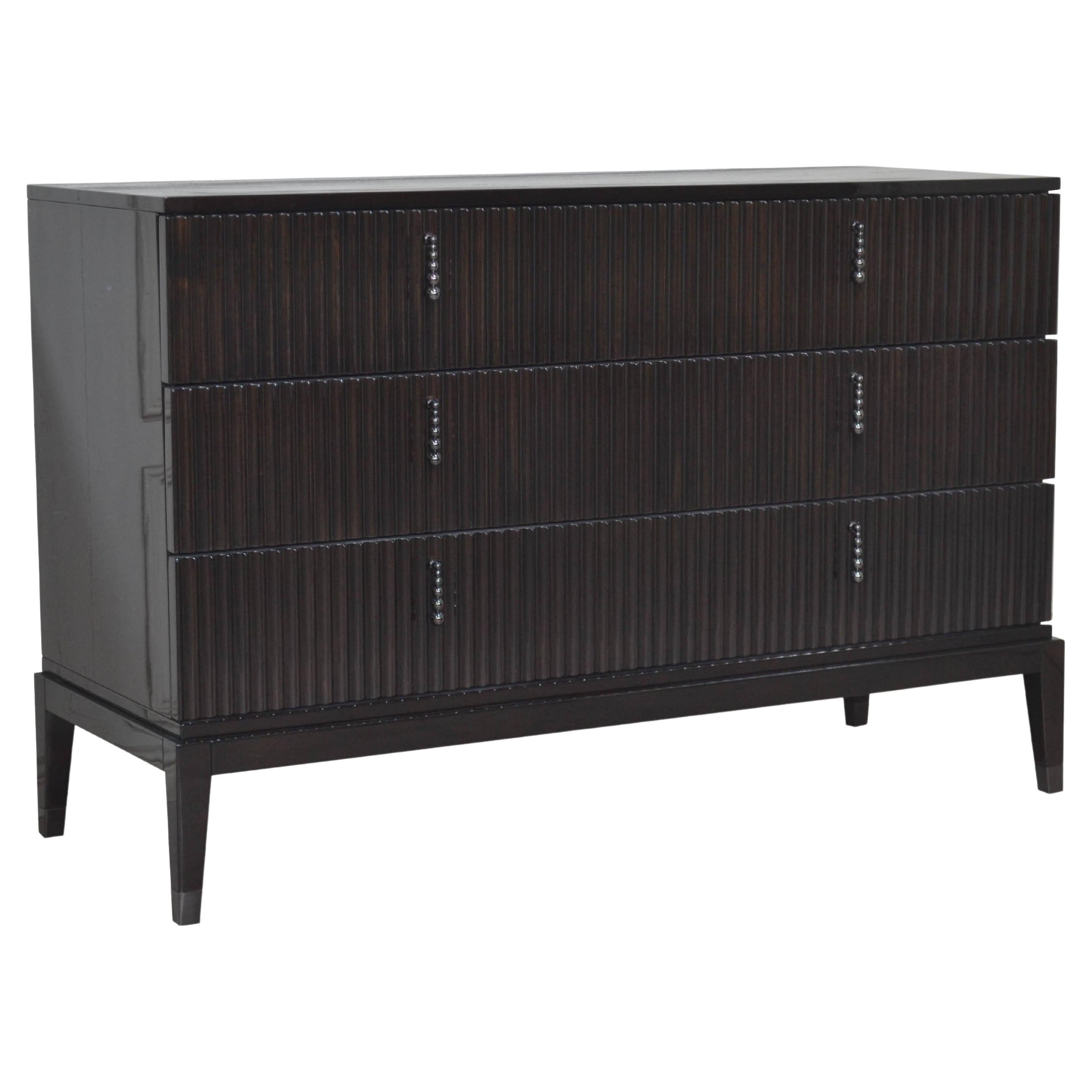 Italian Dresser with 3 Upholstered Drawers in Glossy Brown Lacquered Wood For Sale