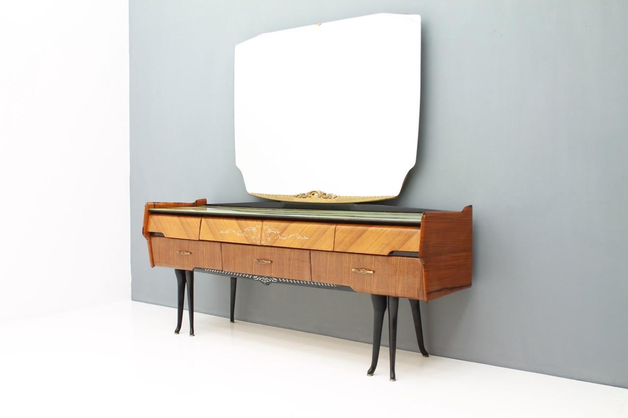 Mid-Century Modern Italian Dressing Sideboard Vanity with Mirror and Horse Legs, 1959