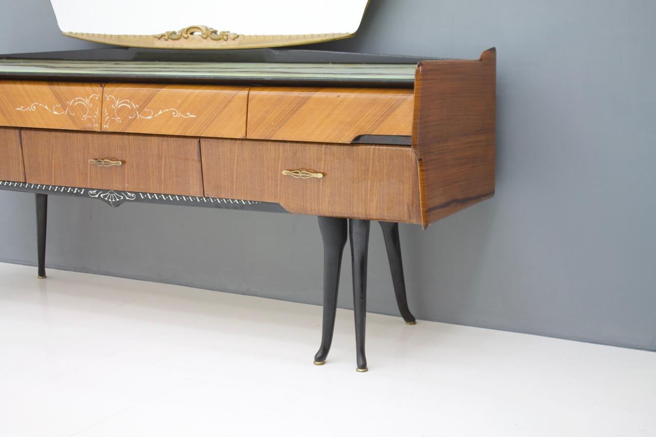 Mid-20th Century Italian Dressing Sideboard Vanity with Mirror and Horse Legs, 1959