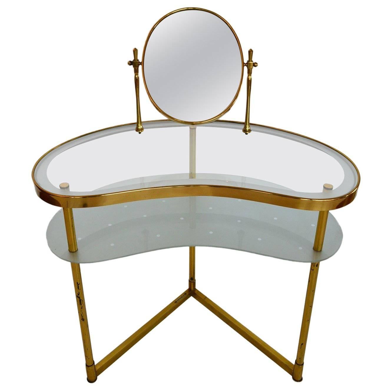 Italian Dressing Vanity Table and Chair of Brass and Glass, Illuminated, 1950s
