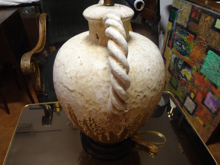 Large Italian Drip Glaze Pottery Lamp with Twisted Handles Attributed to Fantoni In Good Condition For Sale In Houston, TX