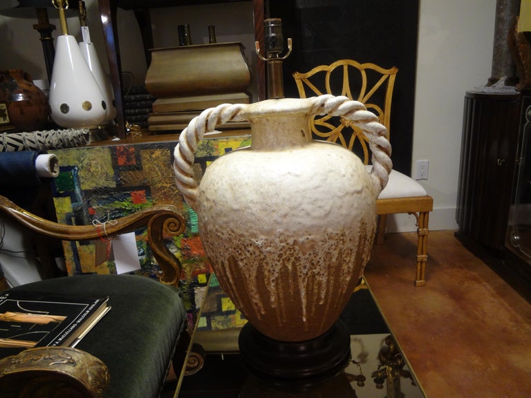 Large Italian Drip Glaze Pottery Lamp with Twisted Handles Attributed to Fantoni For Sale 3