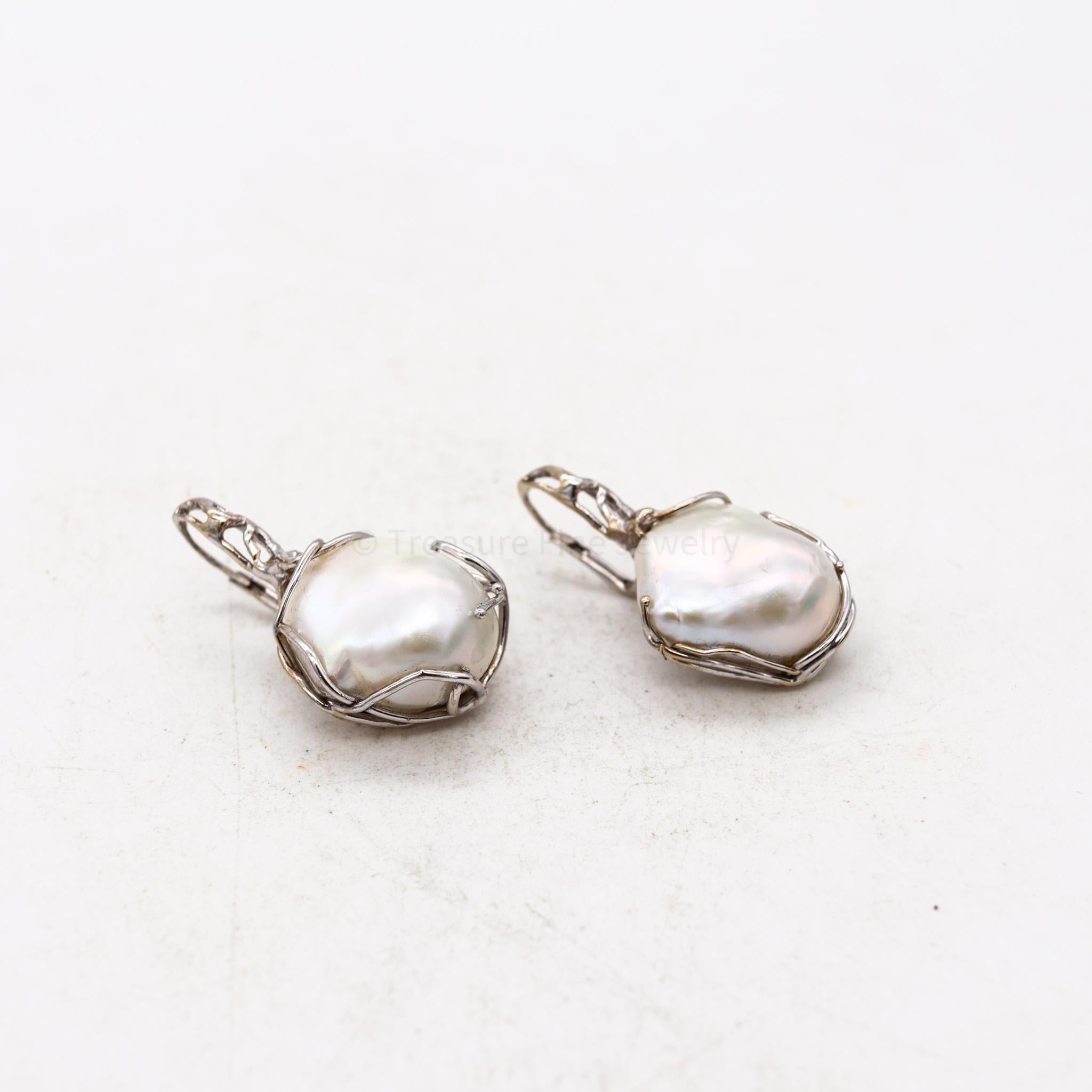 Women's Italian Drop Dangle Earrings in 18kt White Gold with Baroque White Pearls For Sale