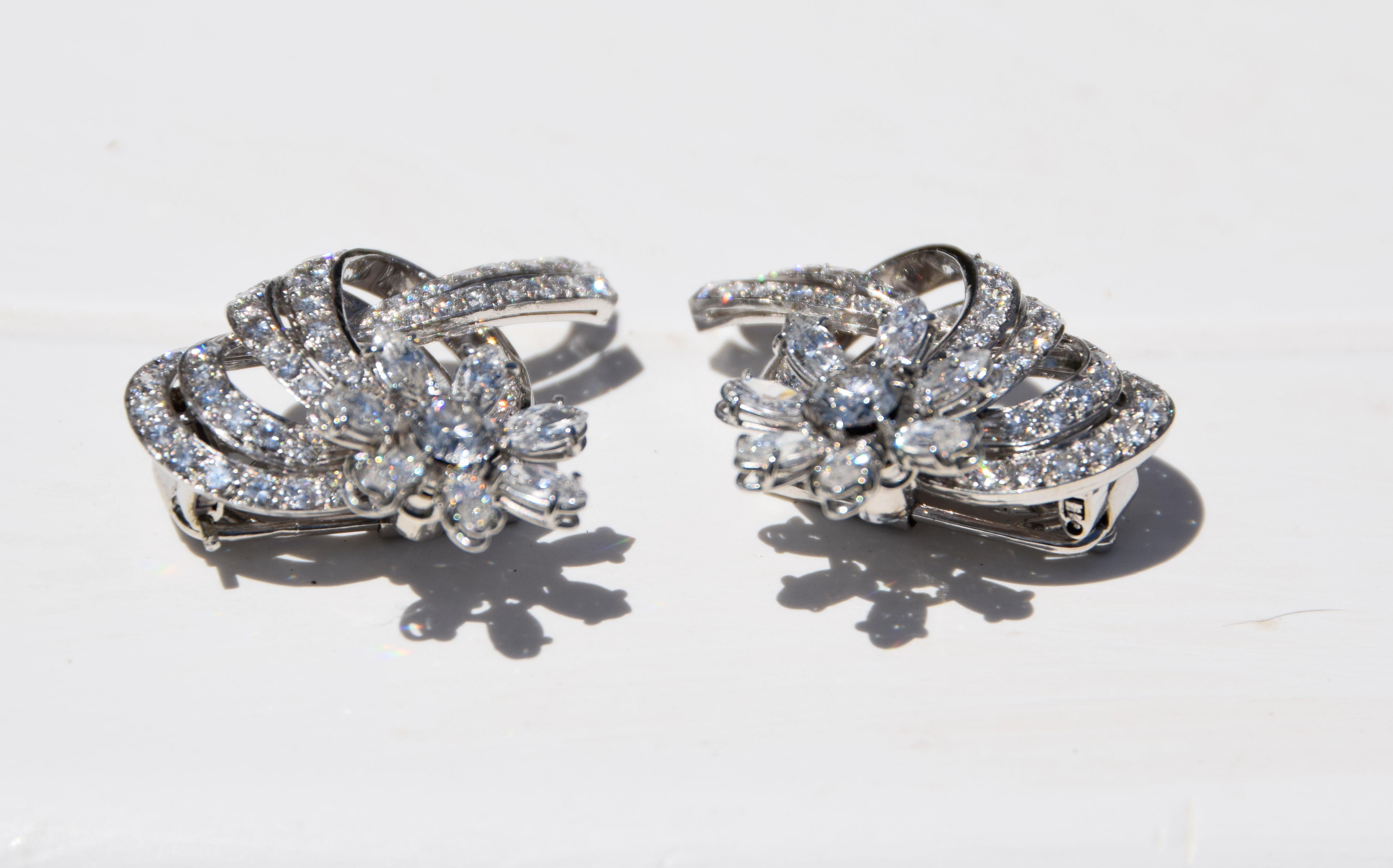 Women's Italian Dutchess Heirloom 1950 Antique Vintage 9 Carat Diamond Platinum Earrings