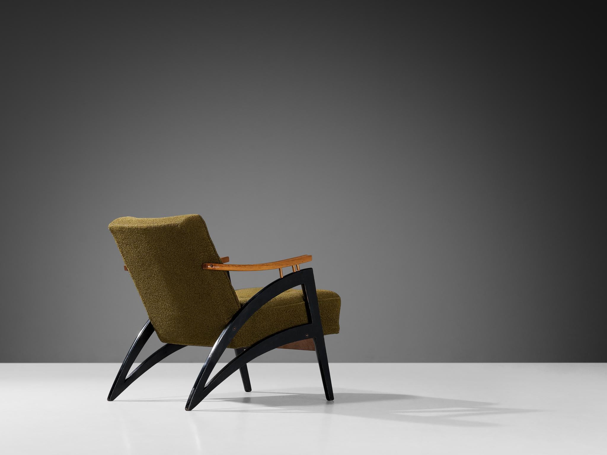 Lounge chair, birch, lacquered wood, fabric, Italy, 1960s.

Well-shaped Italian lounge chair in an olive green upholstery. The lower part of the legs are in a sharp V shape and executed in black lacquered wood. The armrests are made from birch wood.