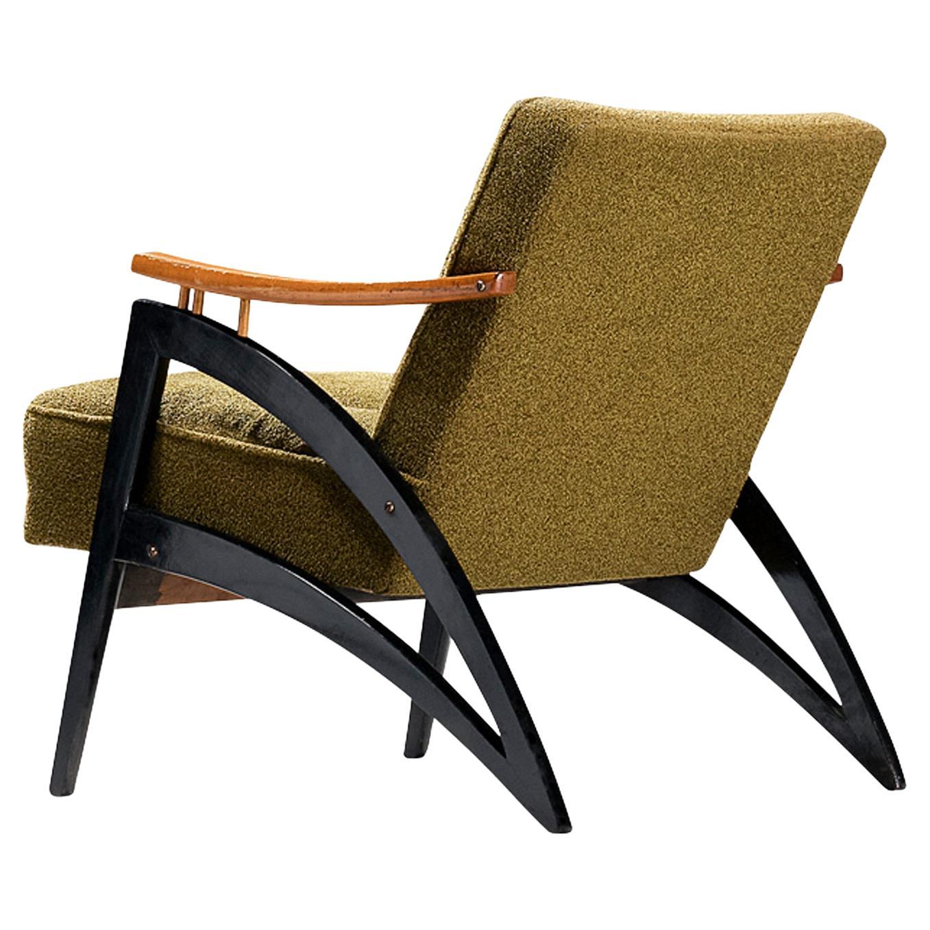 Italian Dynamic Lounge Chair in Olive Green Upholstery  For Sale