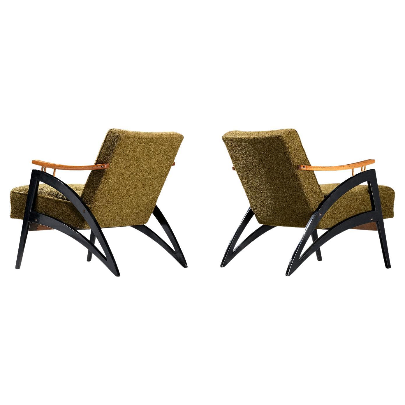 Italian Dynamic Lounge Chairs in Olive Green Upholstery