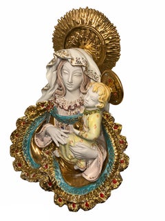 Italian E. Pattarino Large Madonna and Baby Jesus Terra-cotta Wall Sculpture