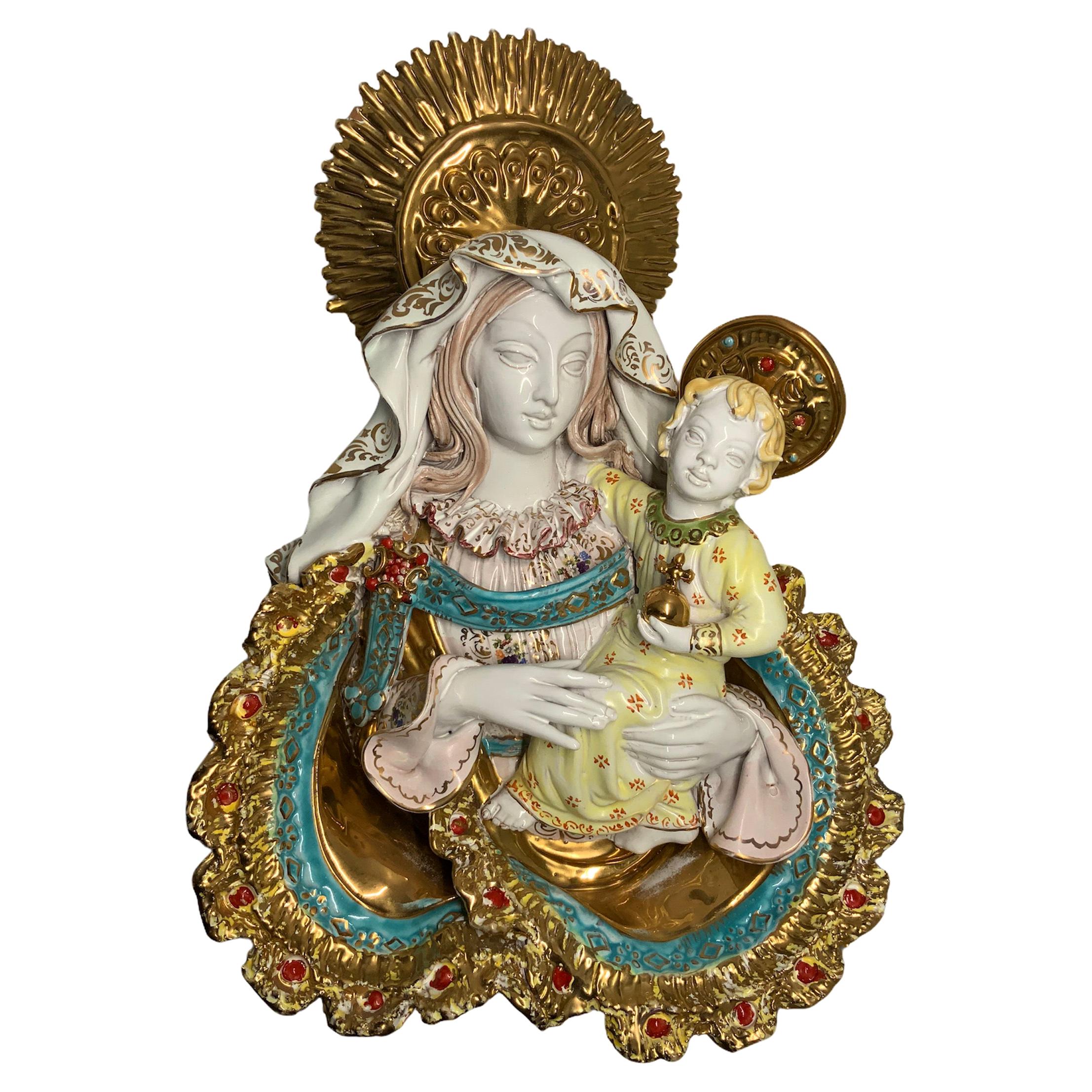  Italian E. Pattarino Large Madonna and Baby Jesus Terra-cotta Wall Sculpture