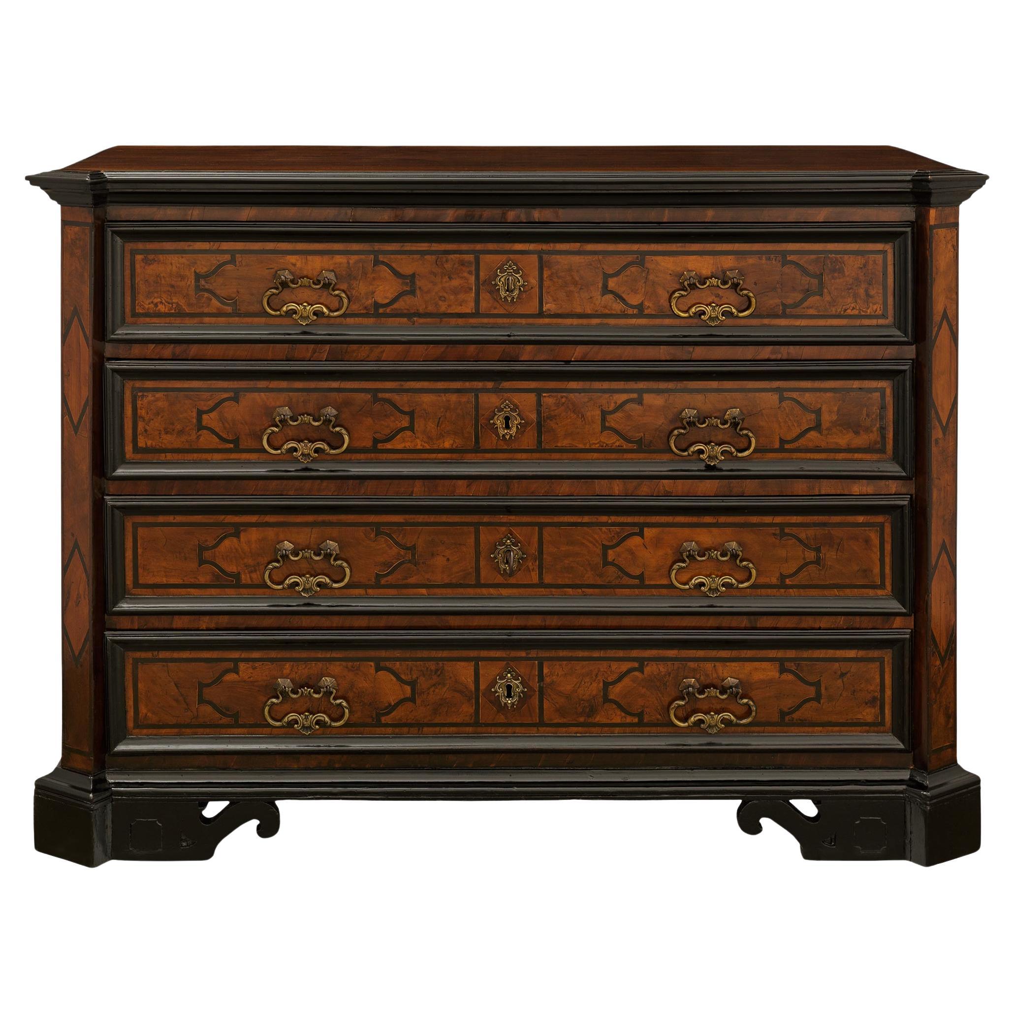 Italian early 18th century Baroque Period Walnut, Fruitwood and Brass commode For Sale