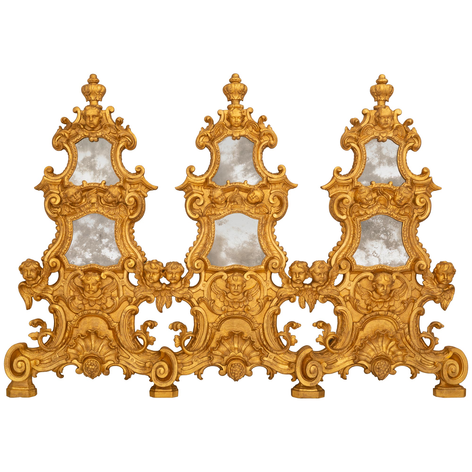 Miroir triple/décor mural italien du début du 18e siècle en bois doré baroque