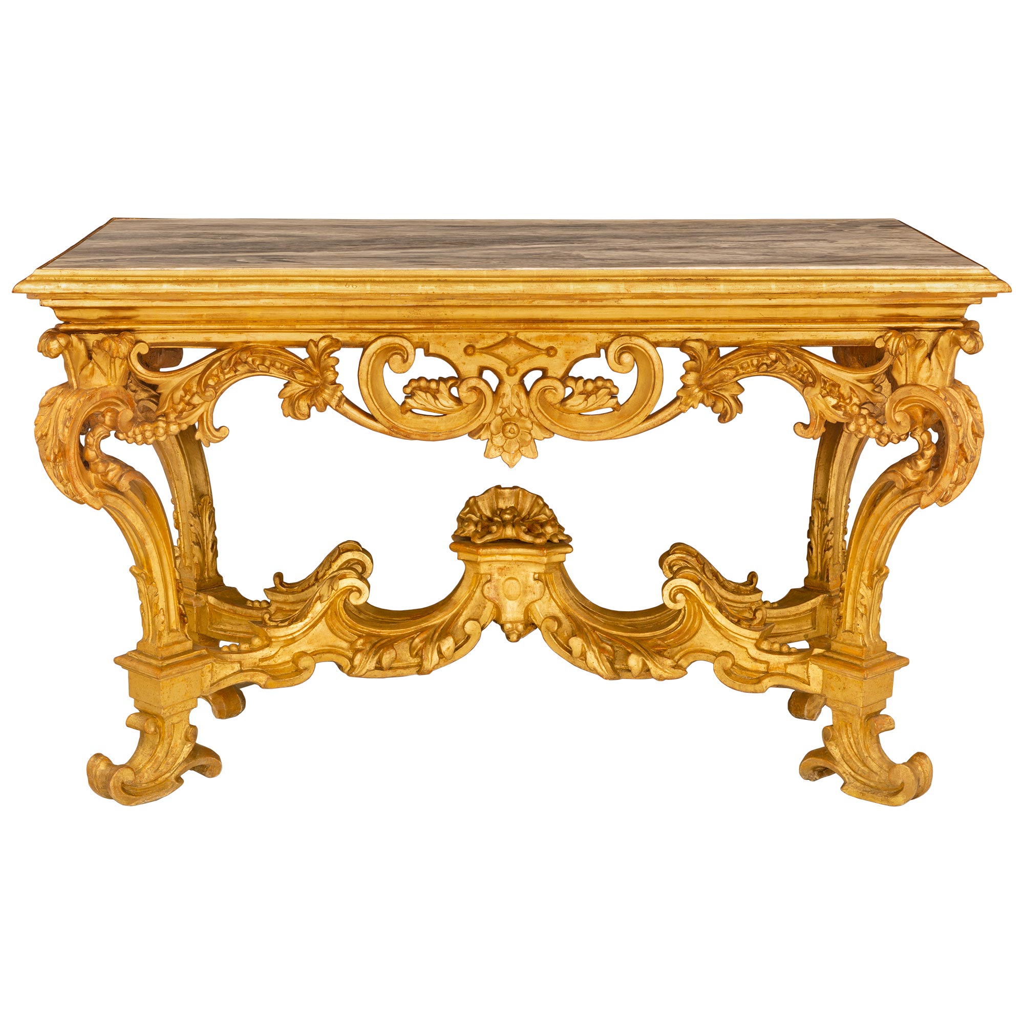 Console italienne du début du XVIIIe siècle d'époque Louis XIV en bois doré et marbre en vente