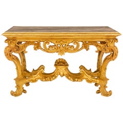 Console italienne du début du XVIIIe siècle d'époque Louis XIV en bois doré et marbre