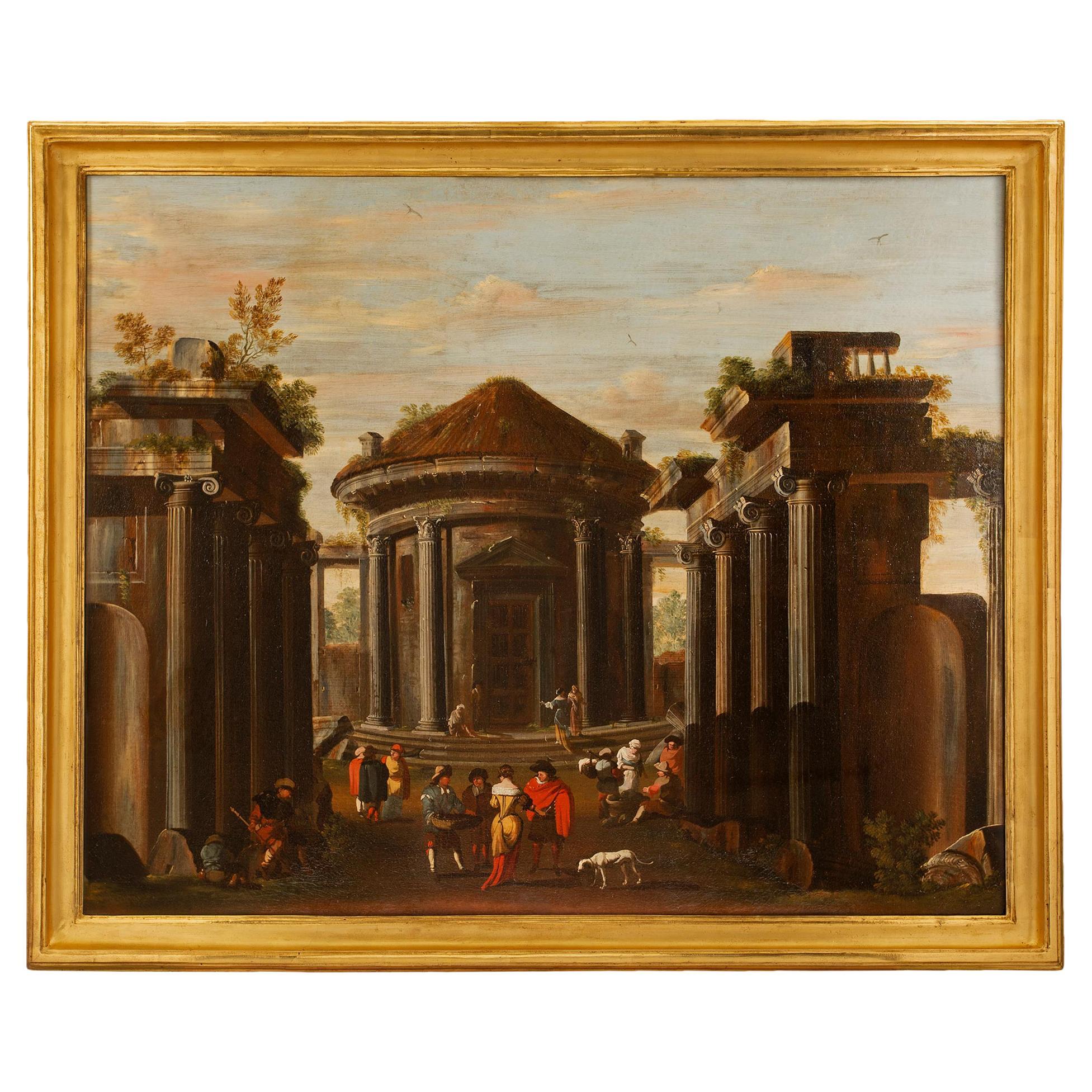 Huile sur toile romaine italienne du début du 18ème siècle, sur le thème de l'architecture