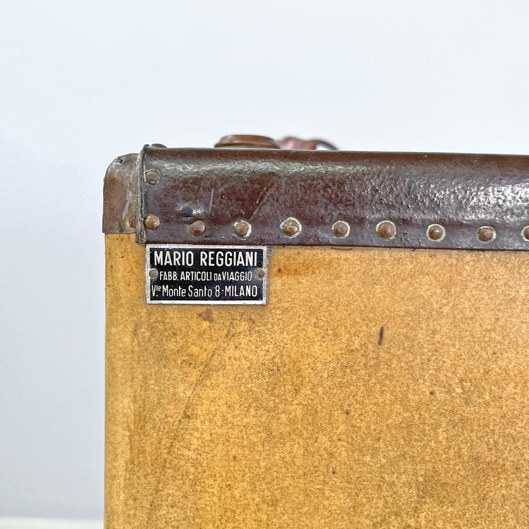 Italian early 1900s brown leather cardboard travel trunk with key, early 1900s For Sale 8