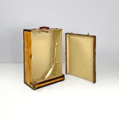 Italian early 1900s brown leather cardboard travel trunk with key, early 1900s