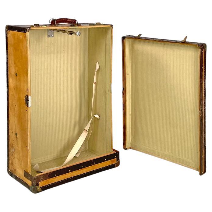 Italian early 1900s brown leather cardboard travel trunk with key, early 1900s