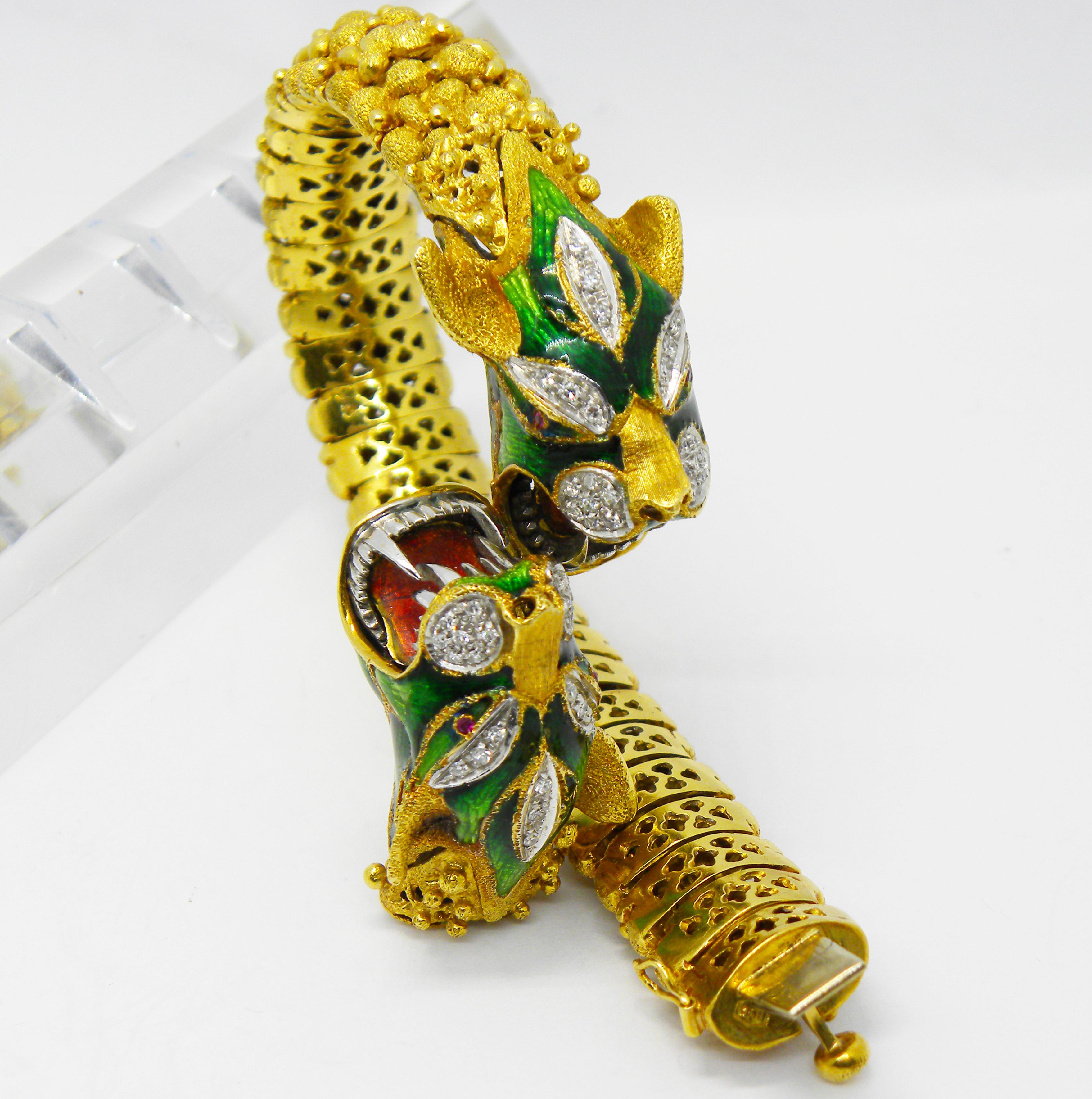 Original Italian Early 1960s Diamond Ruby Enamel Dragon Shaped Snake Bracelet 5