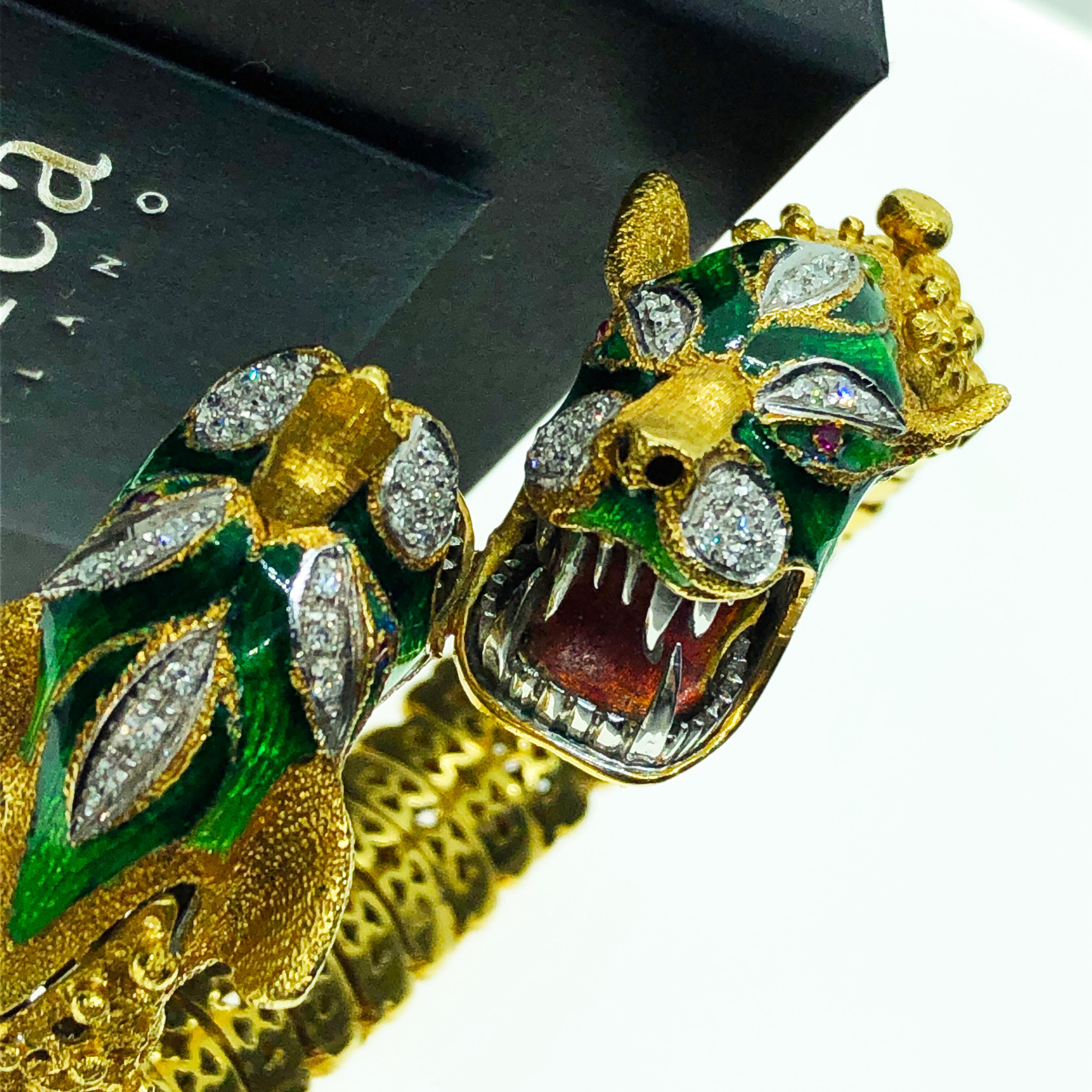 Original Italian Early 1960s Diamond Ruby Enamel Dragon Shaped Snake Bracelet 2