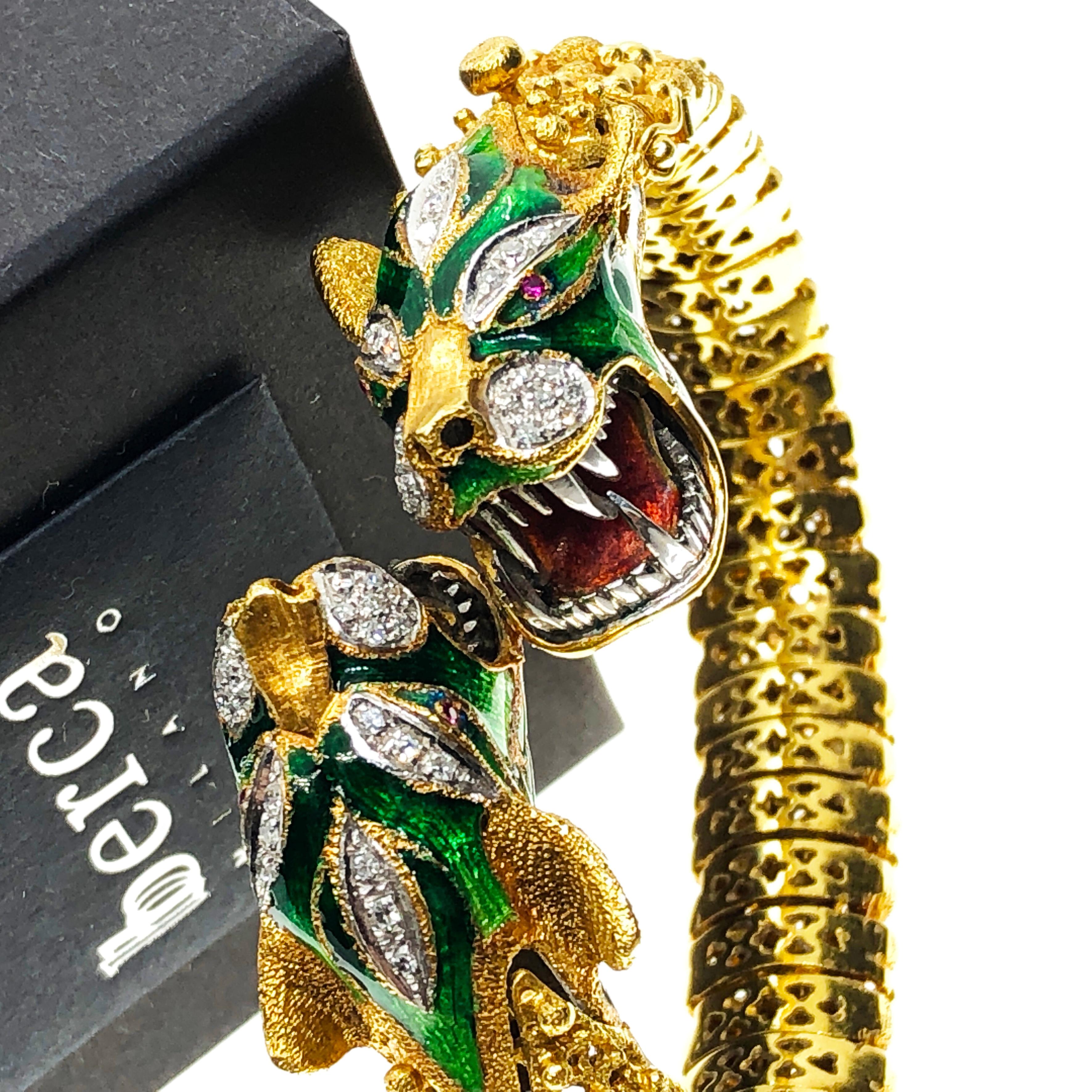 Original Italian Early 1960s Diamond Ruby Enamel Dragon Shaped Snake Bracelet 6