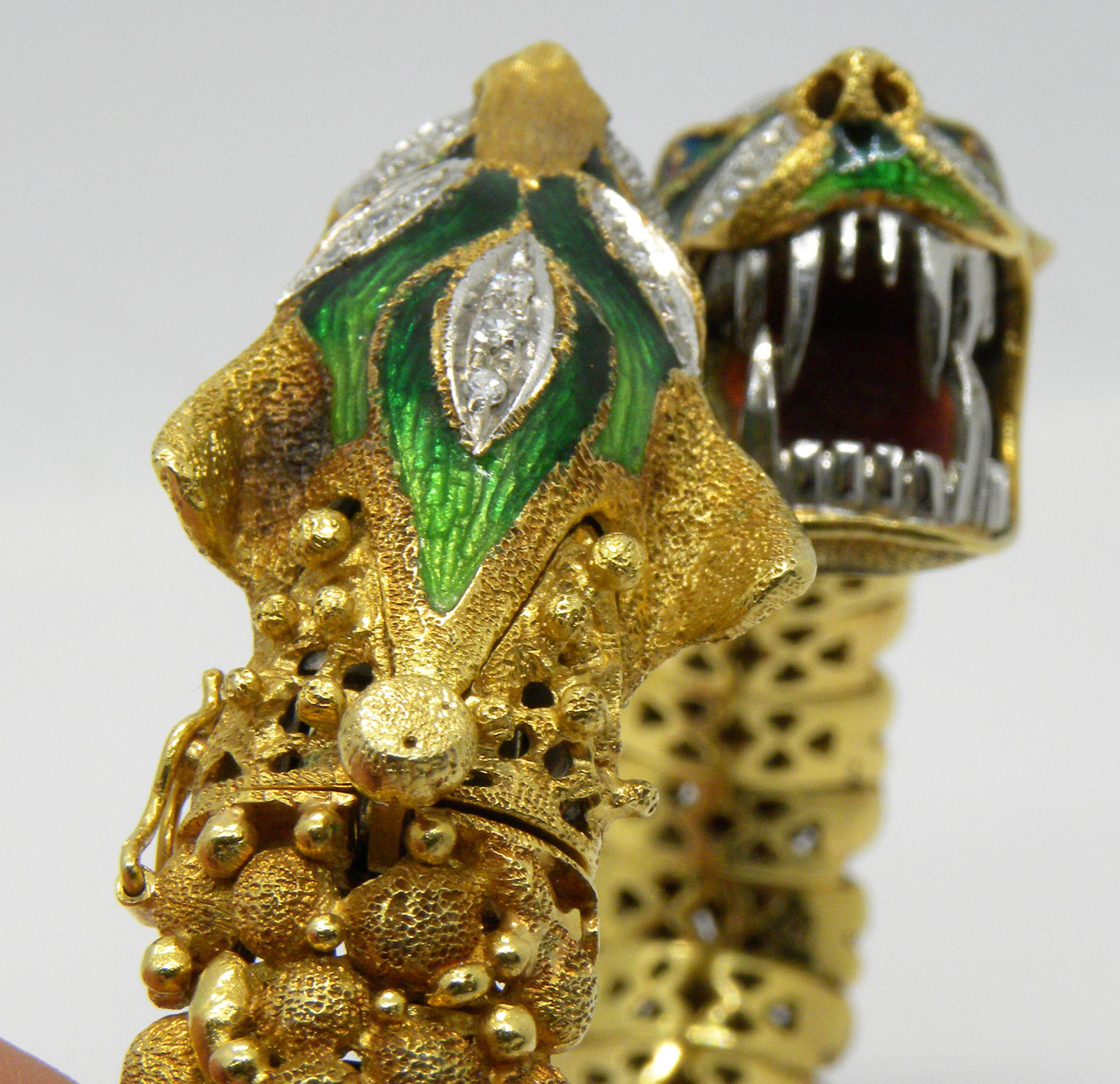Original Italian Early 1960s Diamond Ruby Enamel Dragon Shaped Snake Bracelet 9