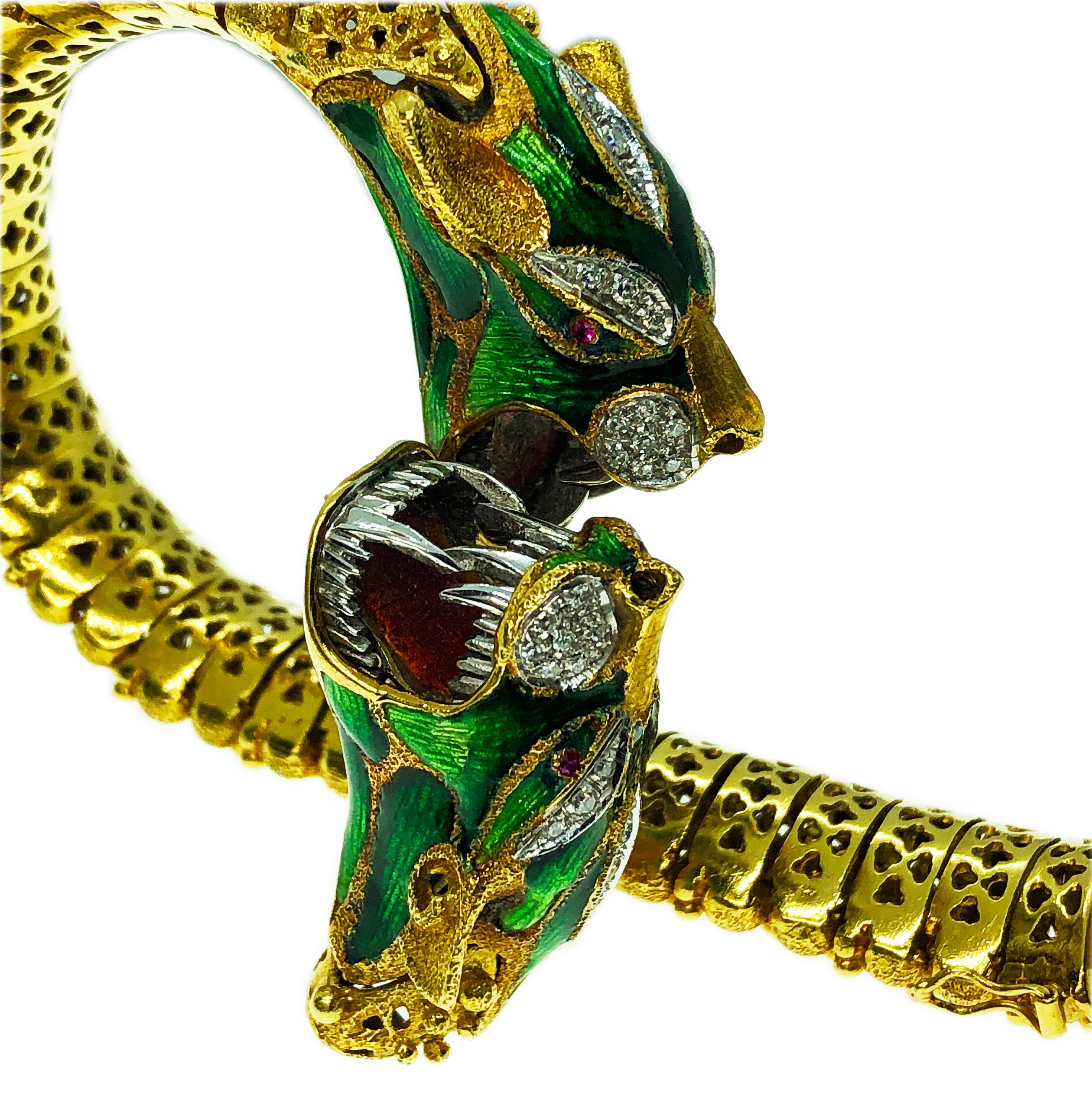 Modern Original Italian Early 1960s Diamond Ruby Enamel Dragon Shaped Snake Bracelet