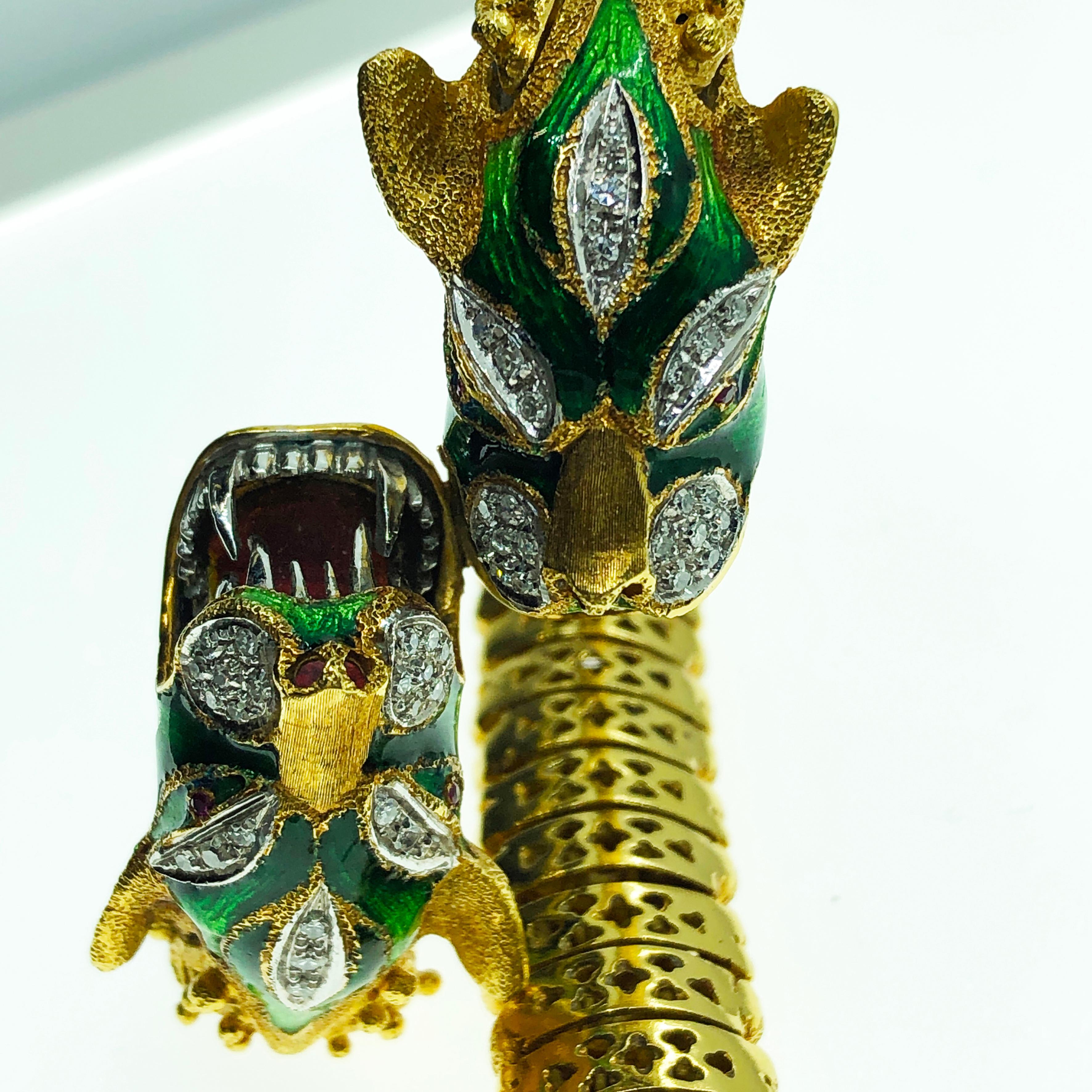 Original Italian Early 1960s Diamond Ruby Enamel Dragon Shaped Snake Bracelet 1