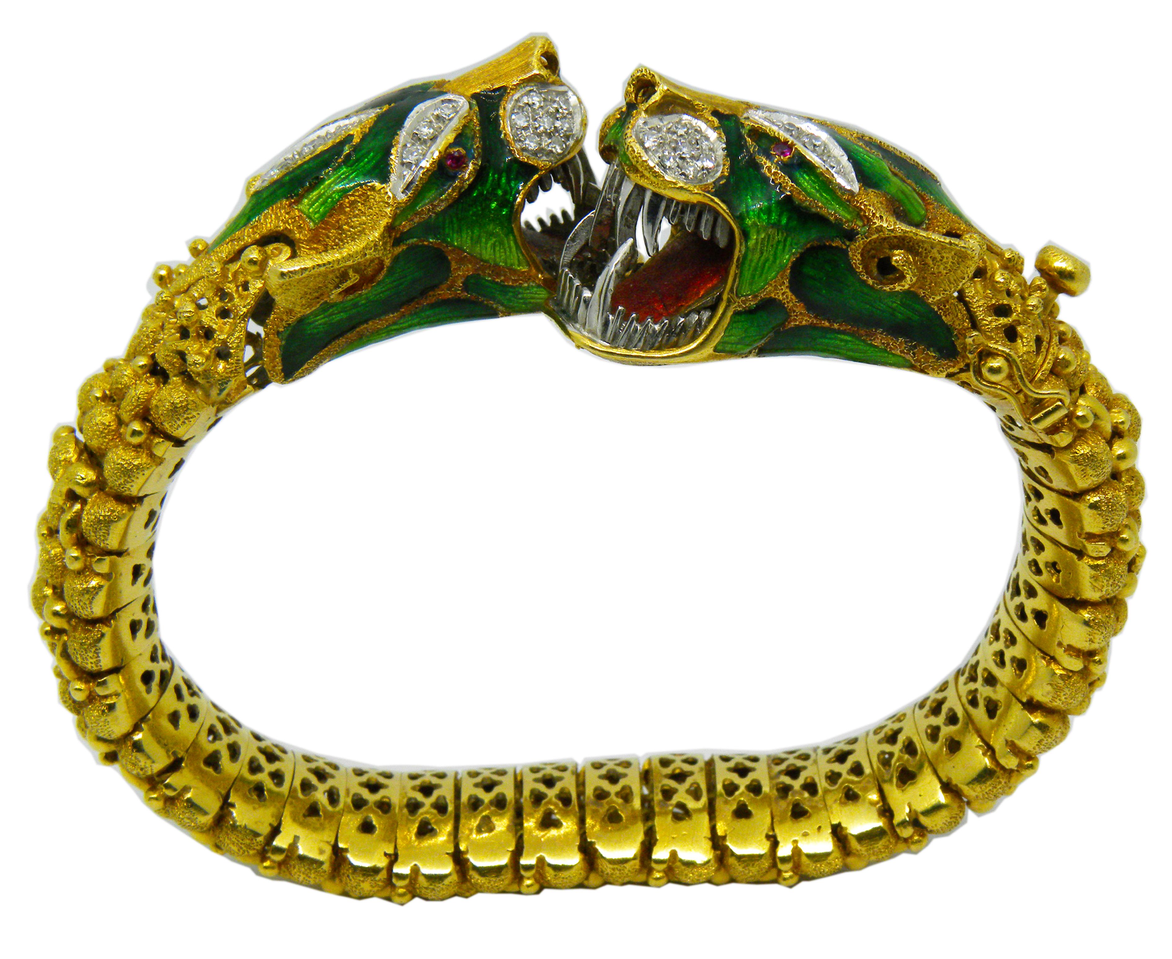 Original Italian Early 1960s Diamond Ruby Enamel Dragon Shaped Snake Bracelet In Excellent Condition In Valenza, IT