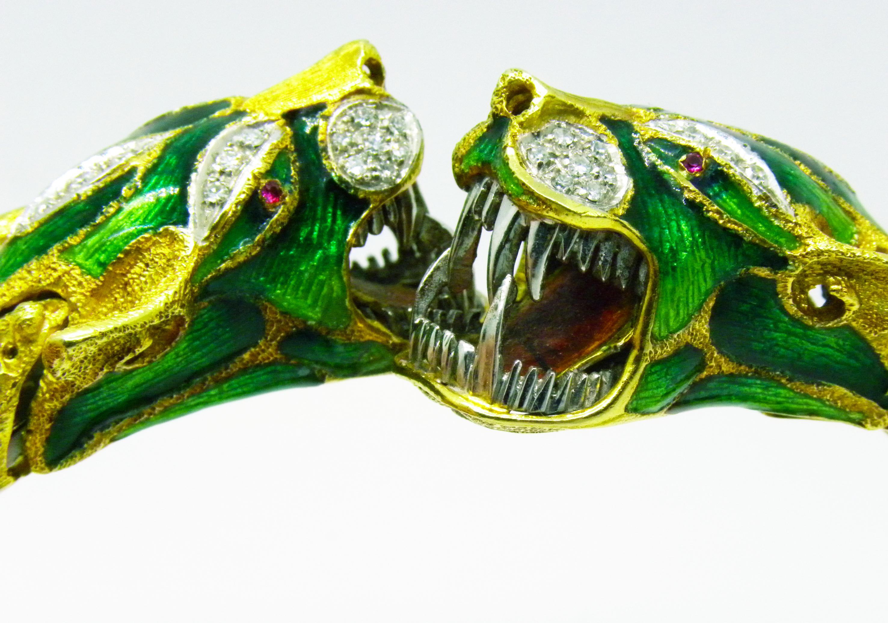 Original Italian Early 1960s Diamond Ruby Enamel Dragon Shaped Snake Bracelet 4