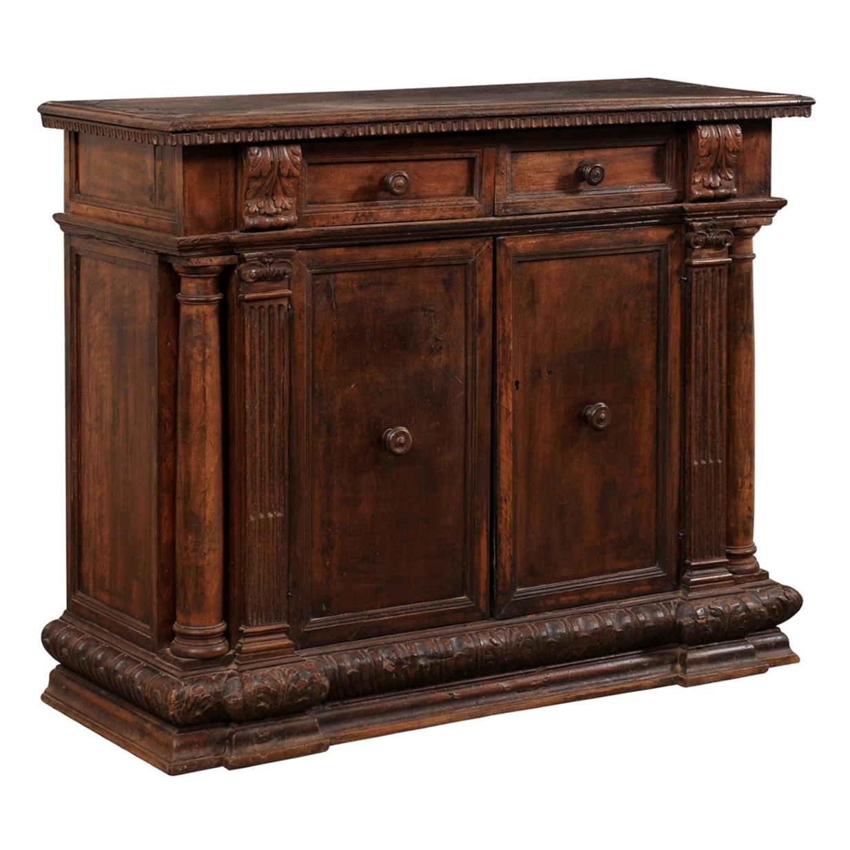 Italian Early 19th C. Walnut Cabinet with Carved Column & Pilaster Accents