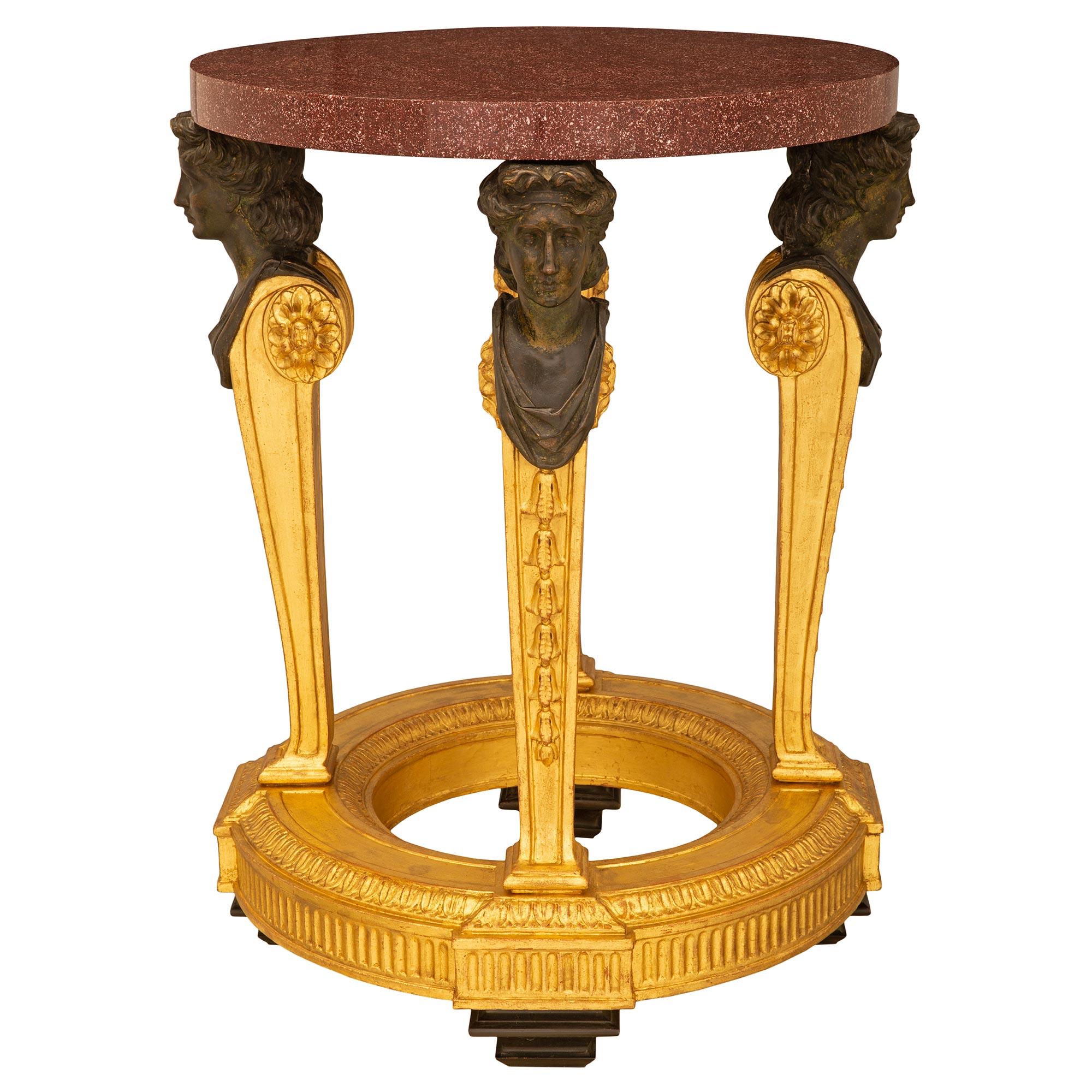 Italian Early 19th Century 1st Empire Period Bronze, Giltwood, & Porphyry Table For Sale 4
