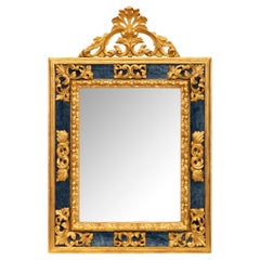 Italian Early 19th Century Baroque St. Giltwood and Blue Velvet Mirror