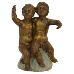 Italian Early 19th Century Baroque Style Carved Couple of Angels/ Putti